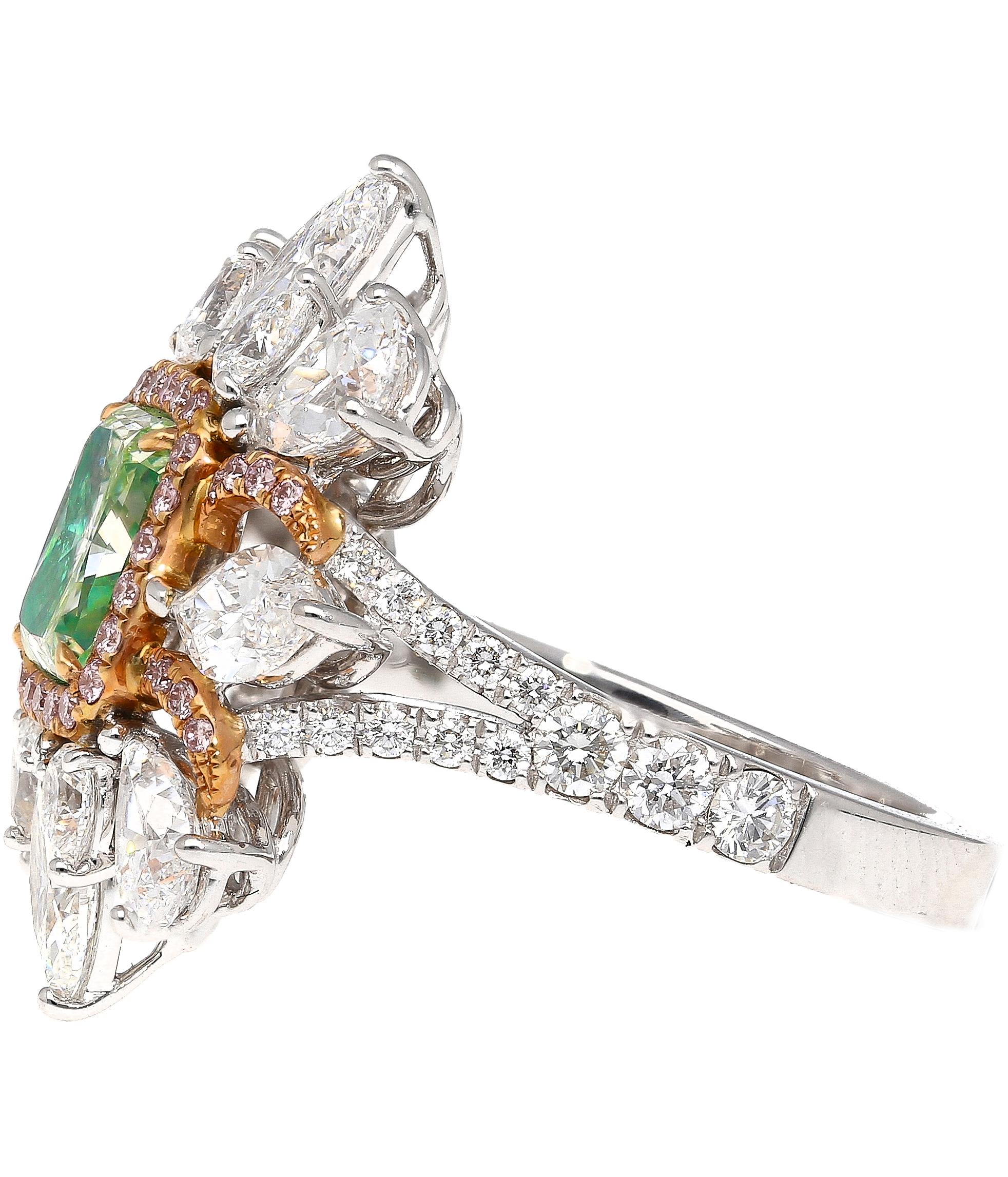 Art Nouveau GIA Certified 1.39 Carat Radiant Cut Fancy Intense Yellowish Green Diamond Ring For Sale