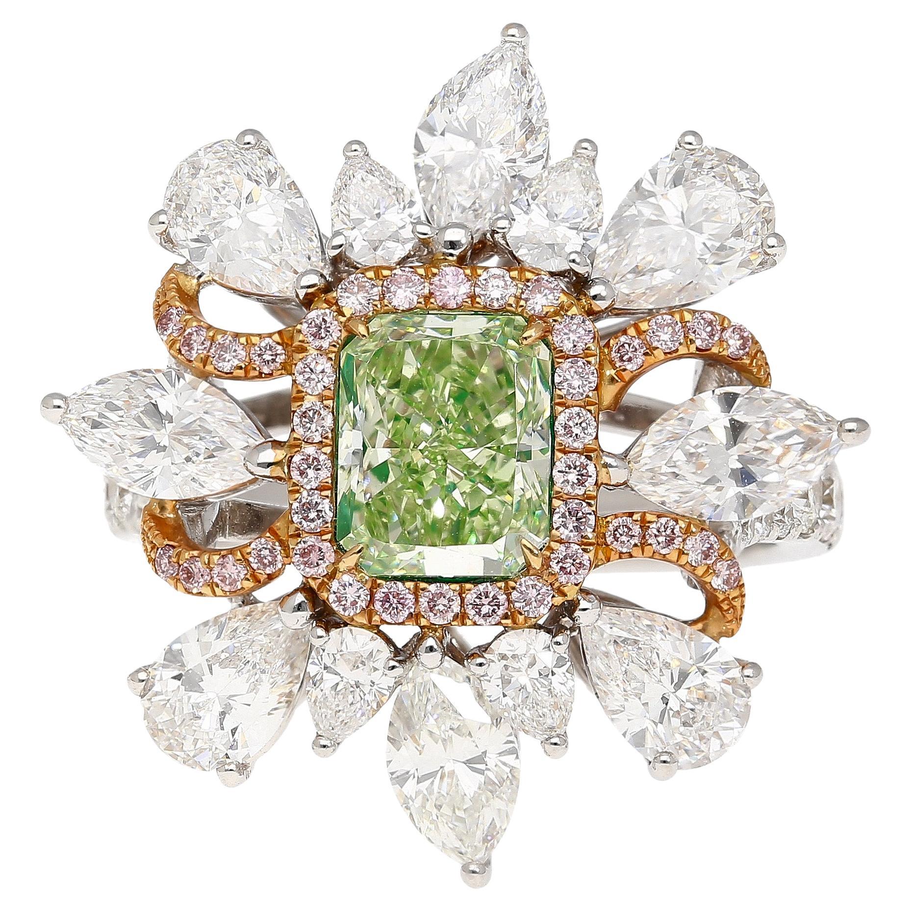 GIA Certified 1.39 Carat Radiant Cut Fancy Intense Yellowish Green Diamond Ring