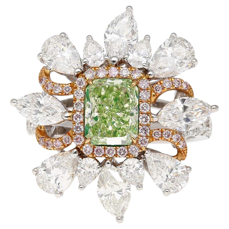GIA Certified 2.22 Carat Fancy Yellow-Green Radiant Cut Diamond 3 Stone ...