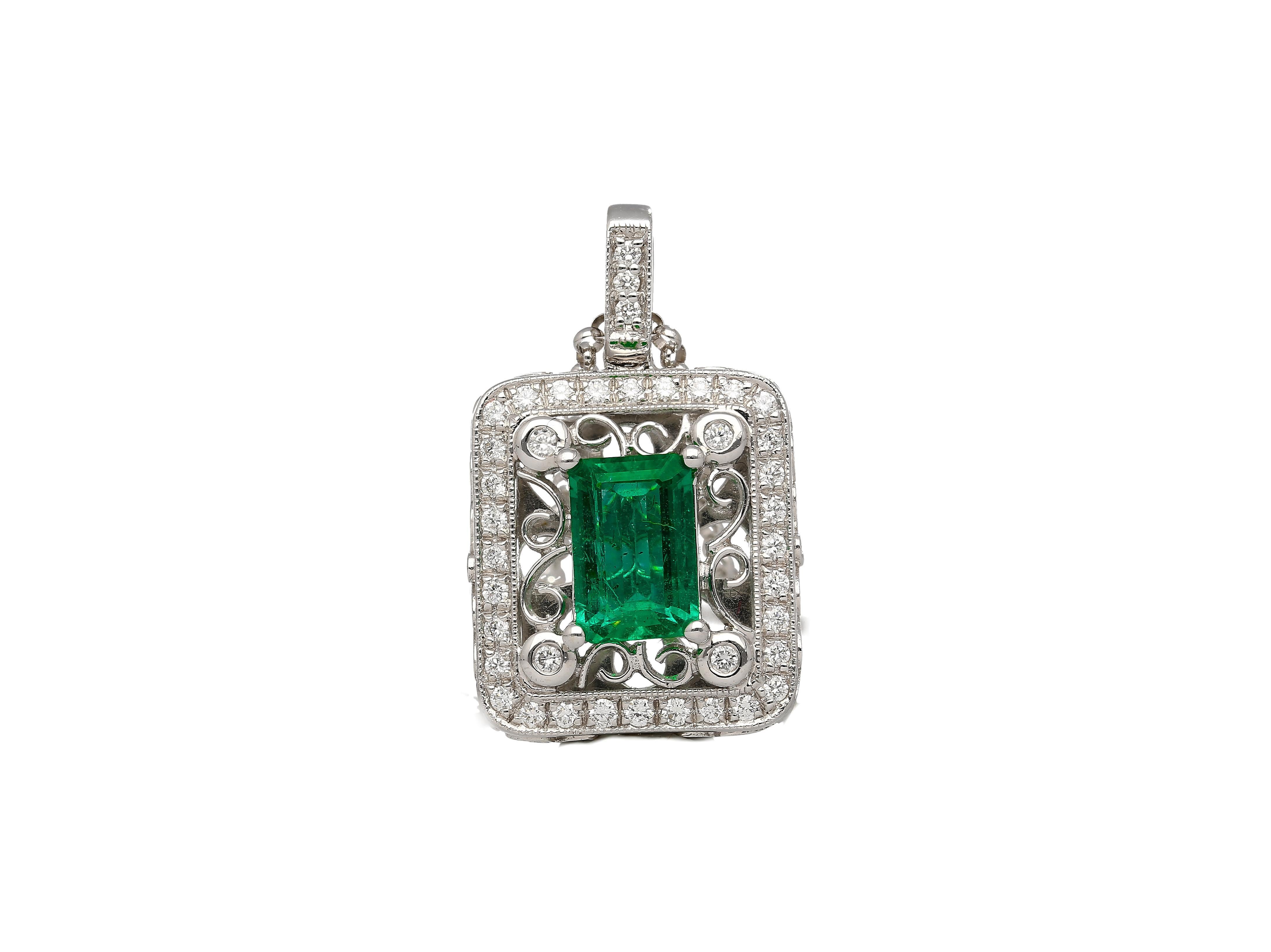 GIA Certified 1.39 Carat Zambian Emerald and Diamond Floral Box Pendant Necklace For Sale 4