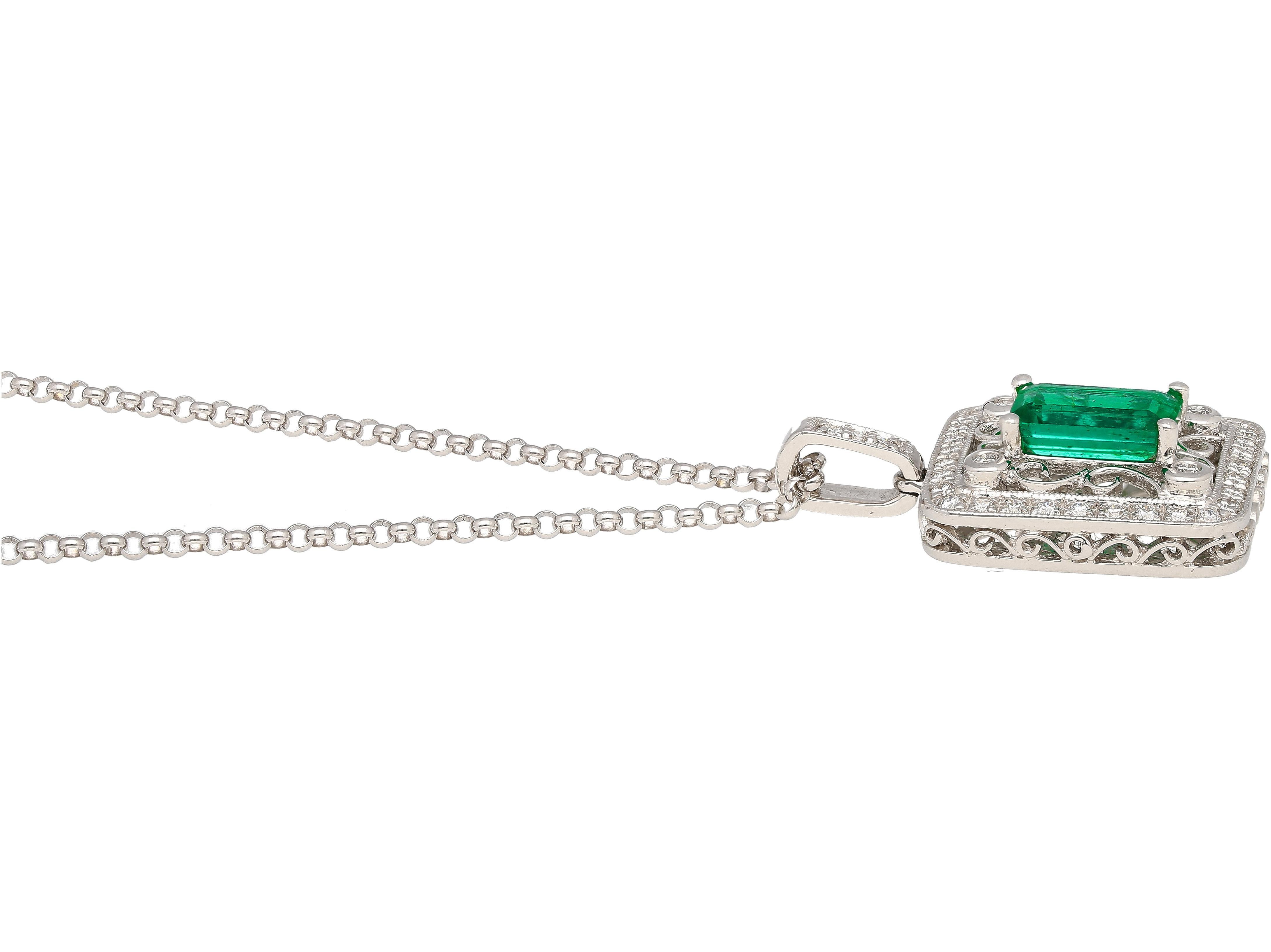 GIA Certified 1.39 Carat Zambian Emerald and Diamond Floral Box Pendant Necklace For Sale 5