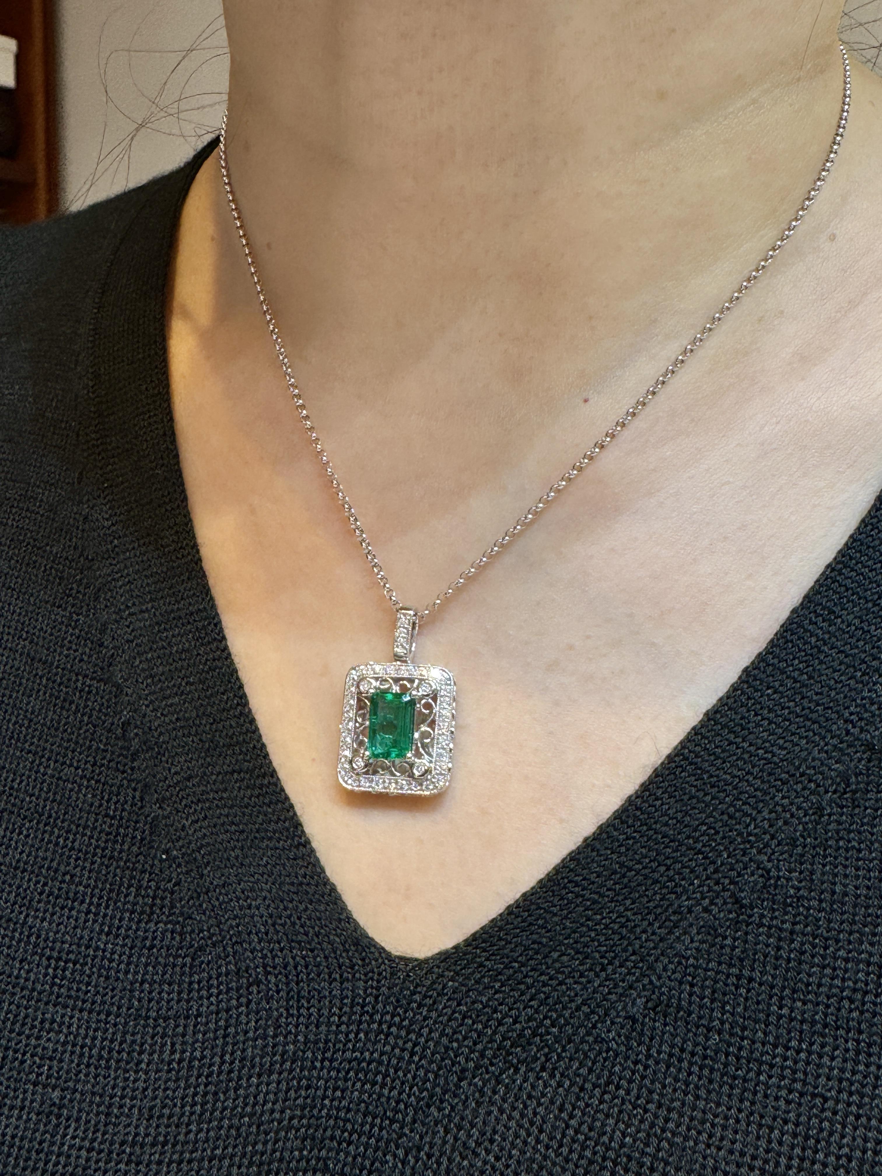 Art Deco GIA Certified 1.39 Carat Zambian Emerald and Diamond Floral Box Pendant Necklace For Sale