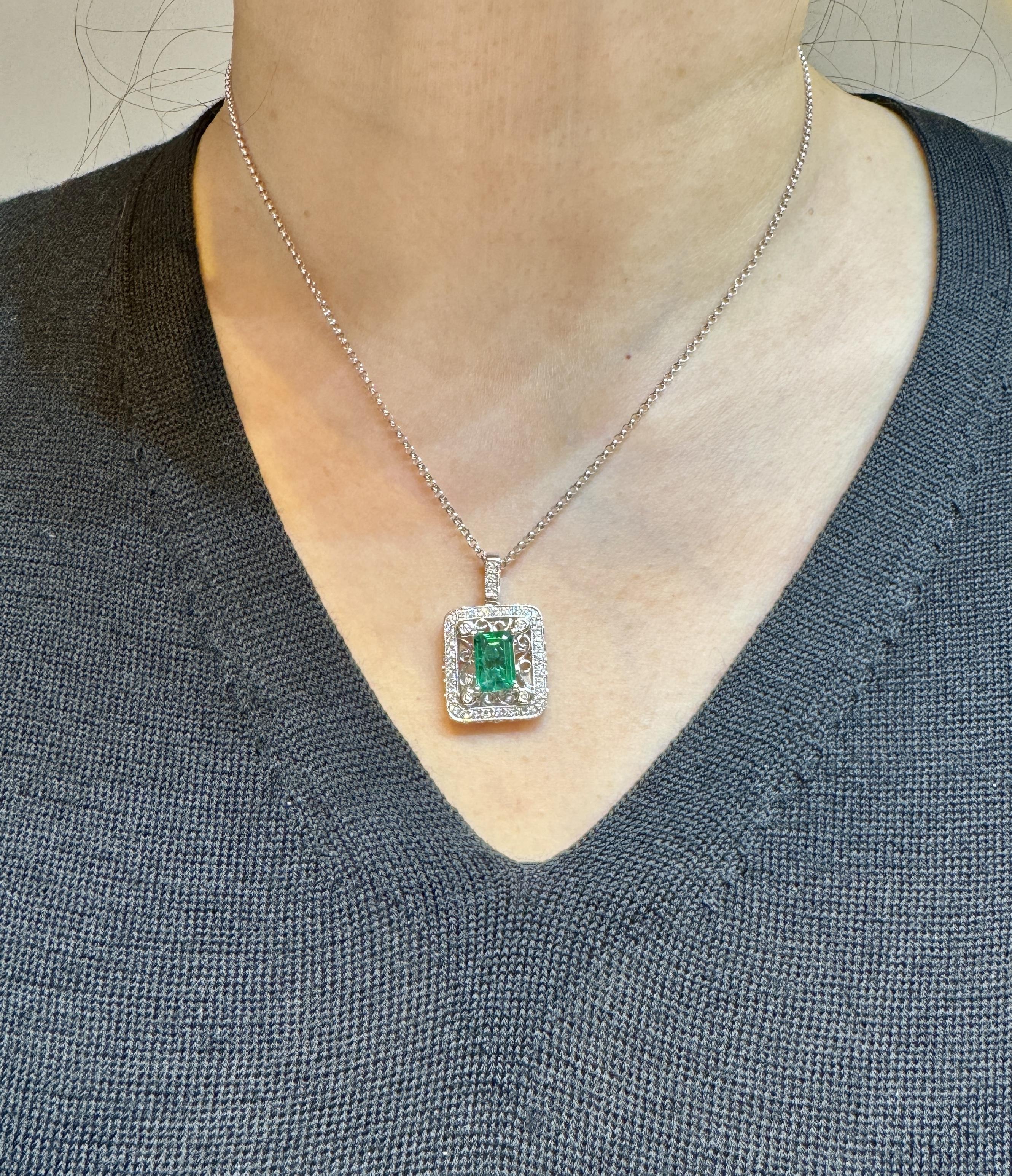 Emerald Cut GIA Certified 1.39 Carat Zambian Emerald and Diamond Floral Box Pendant Necklace For Sale