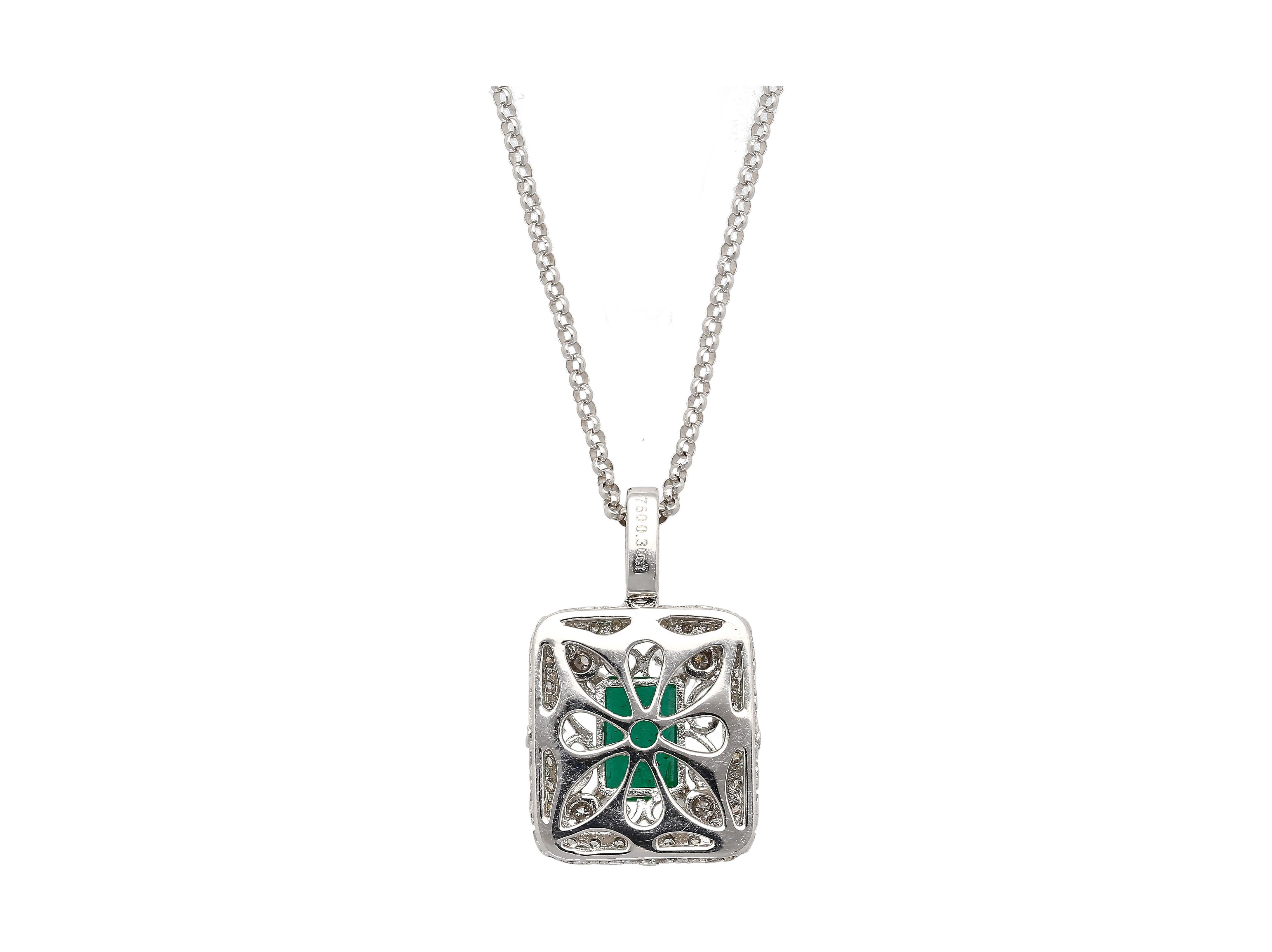 Women's GIA Certified 1.39 Carat Zambian Emerald and Diamond Floral Box Pendant Necklace For Sale