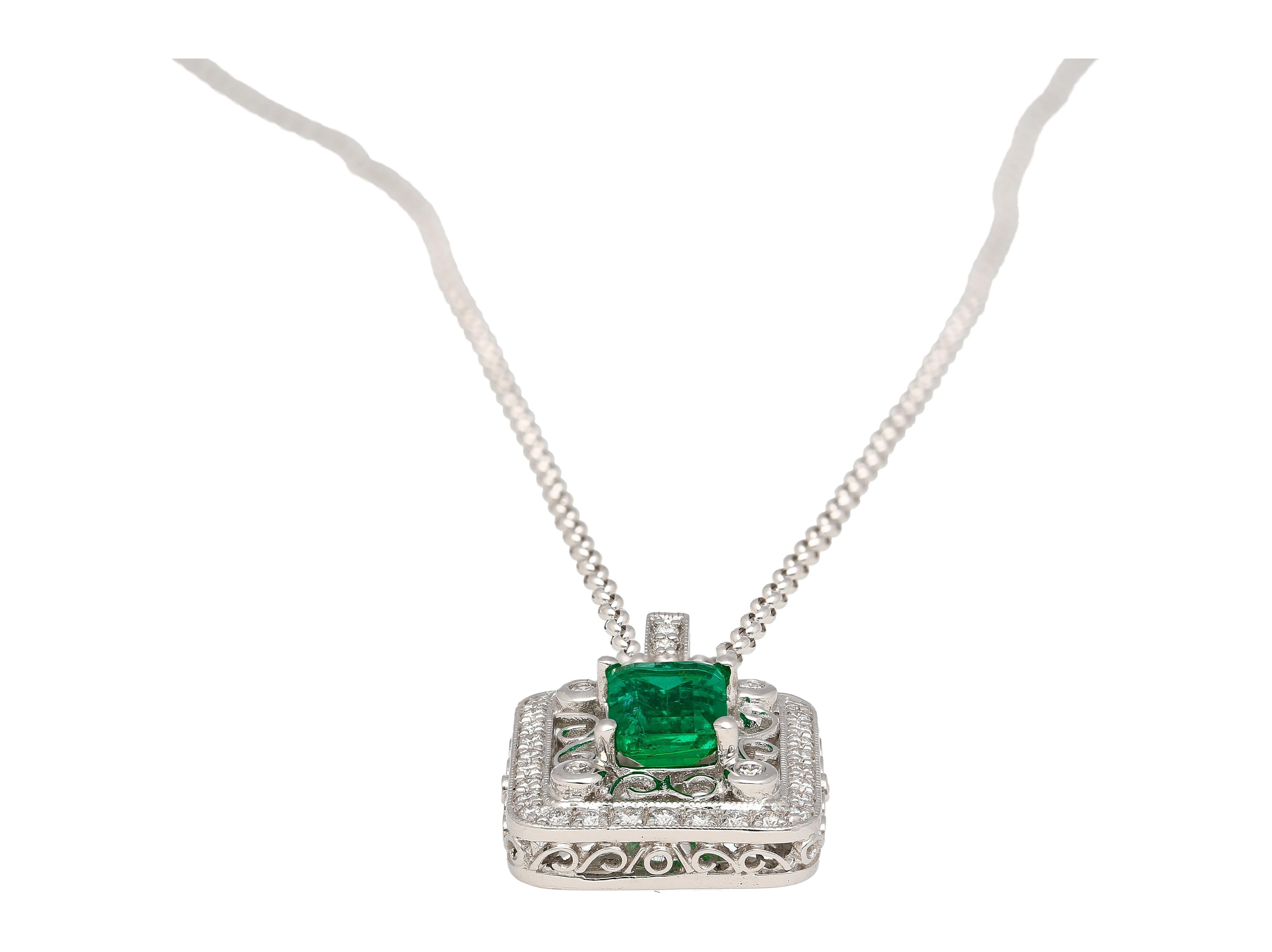GIA Certified 1.39 Carat Zambian Emerald and Diamond Floral Box Pendant Necklace For Sale 1