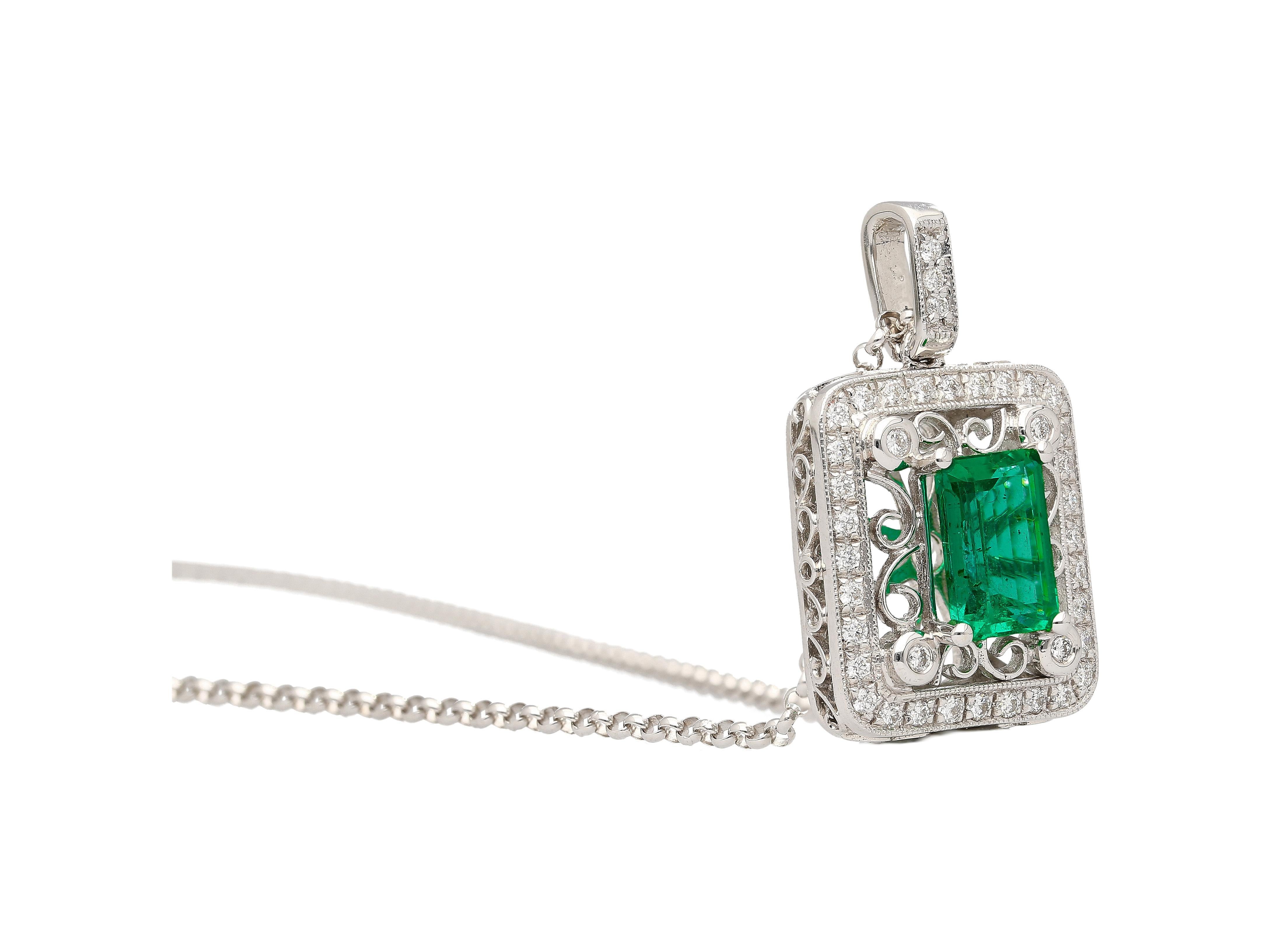 GIA Certified 1.39 Carat Zambian Emerald and Diamond Floral Box Pendant Necklace For Sale 2