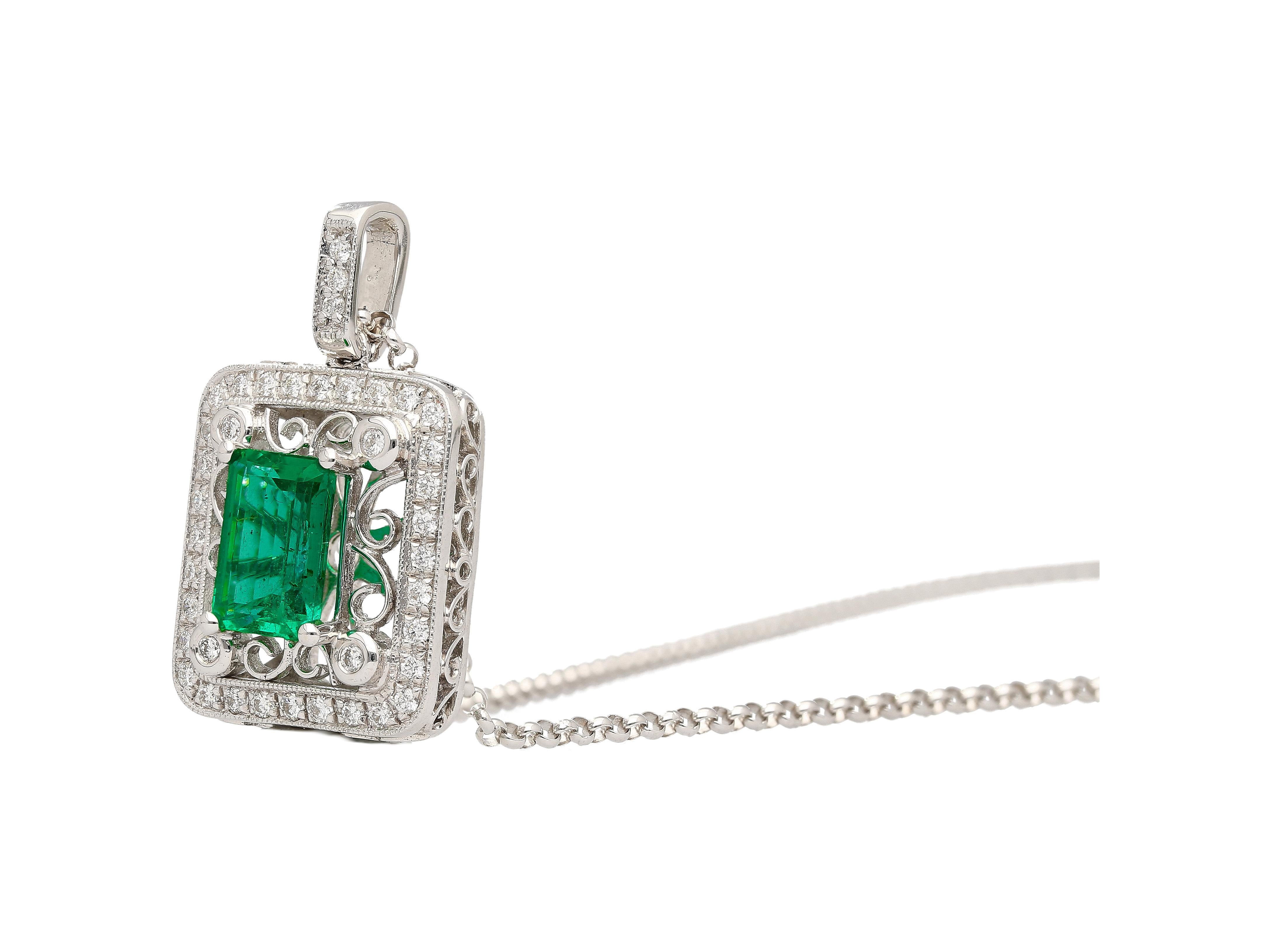 GIA Certified 1.39 Carat Zambian Emerald and Diamond Floral Box Pendant Necklace For Sale 3