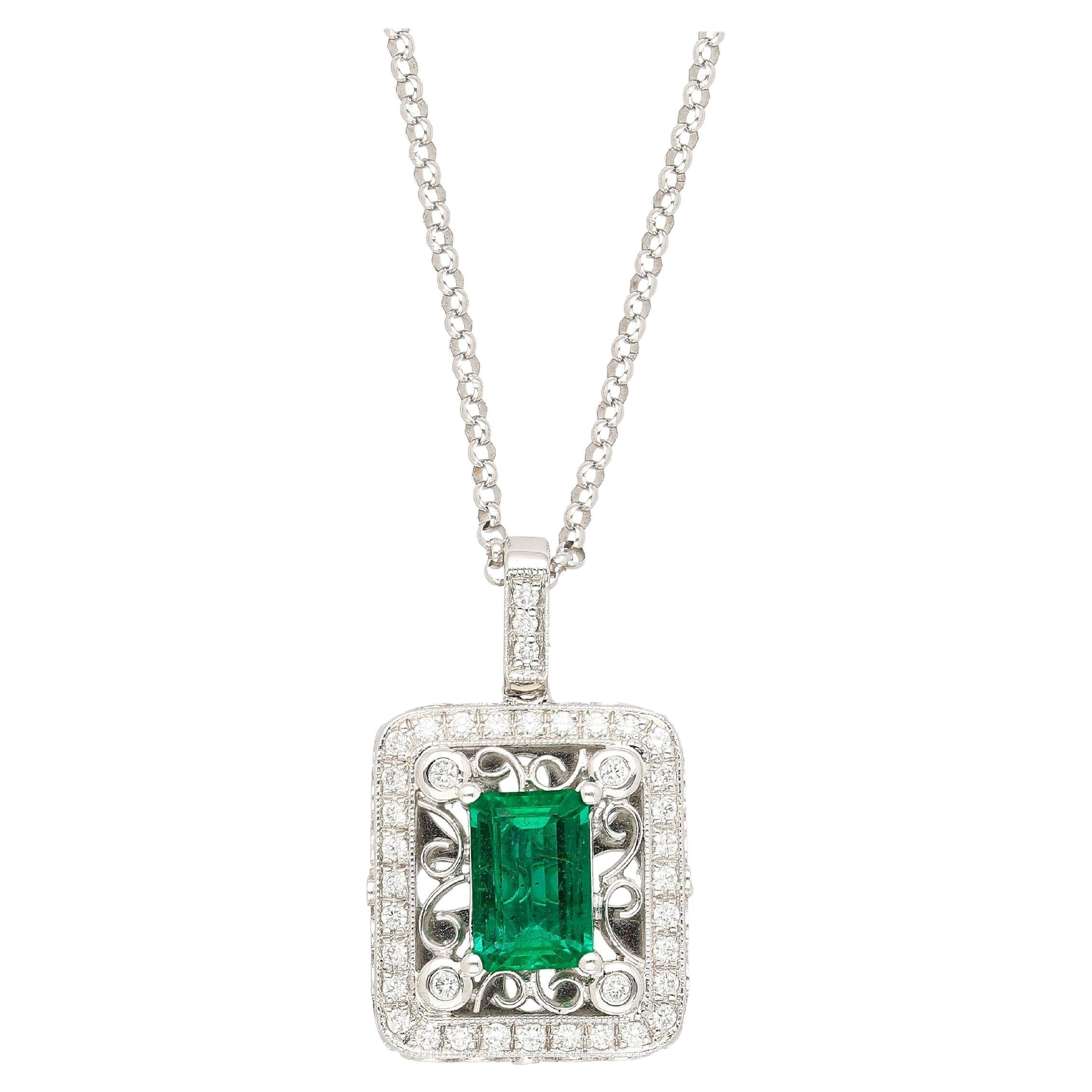 GIA Certified 1.39 Carat Zambian Emerald and Diamond Floral Box Pendant Necklace For Sale