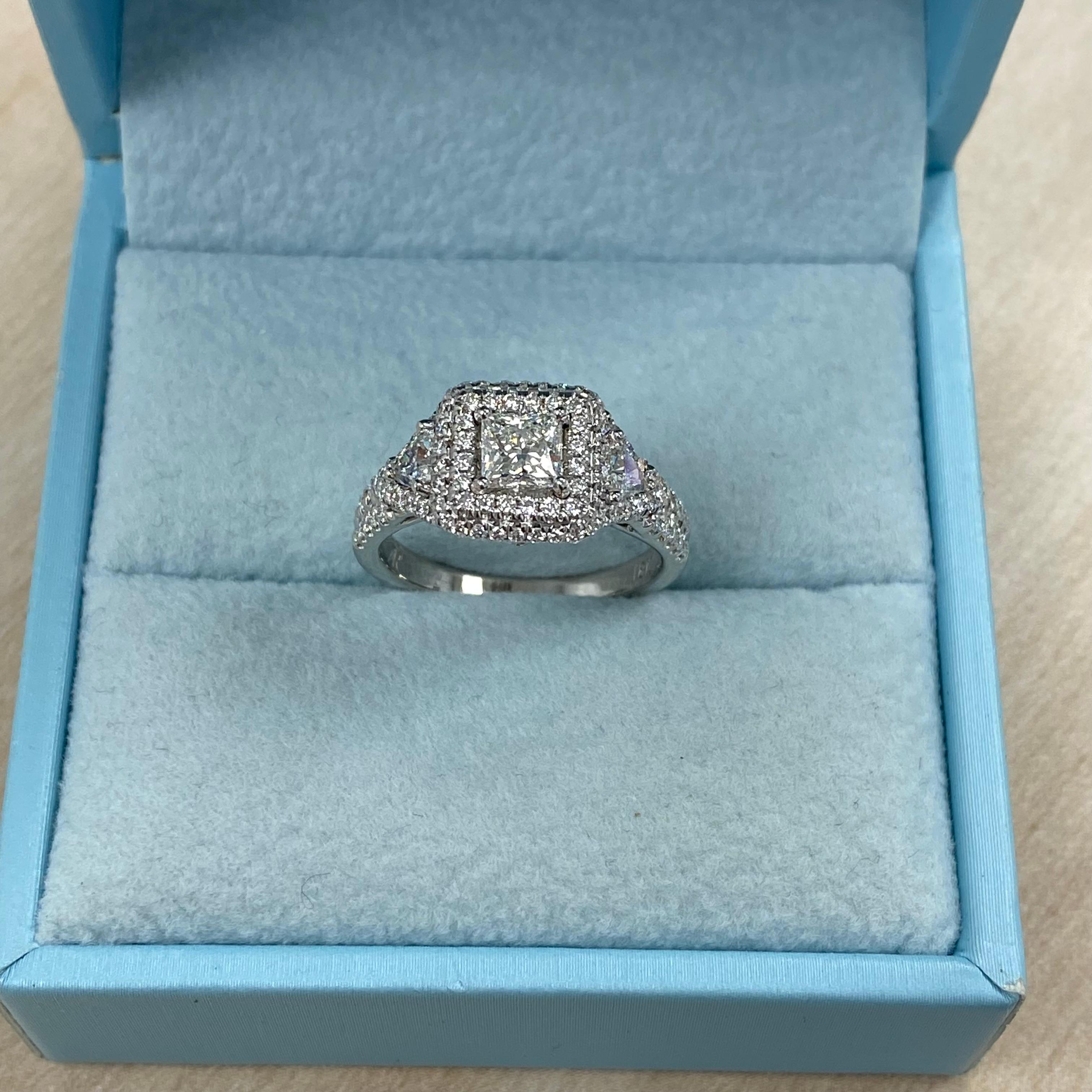 GIA Certified 1.39 Ctw Princess Cut Diamond Halo Engagement Ring 18K White Gold For Sale 5