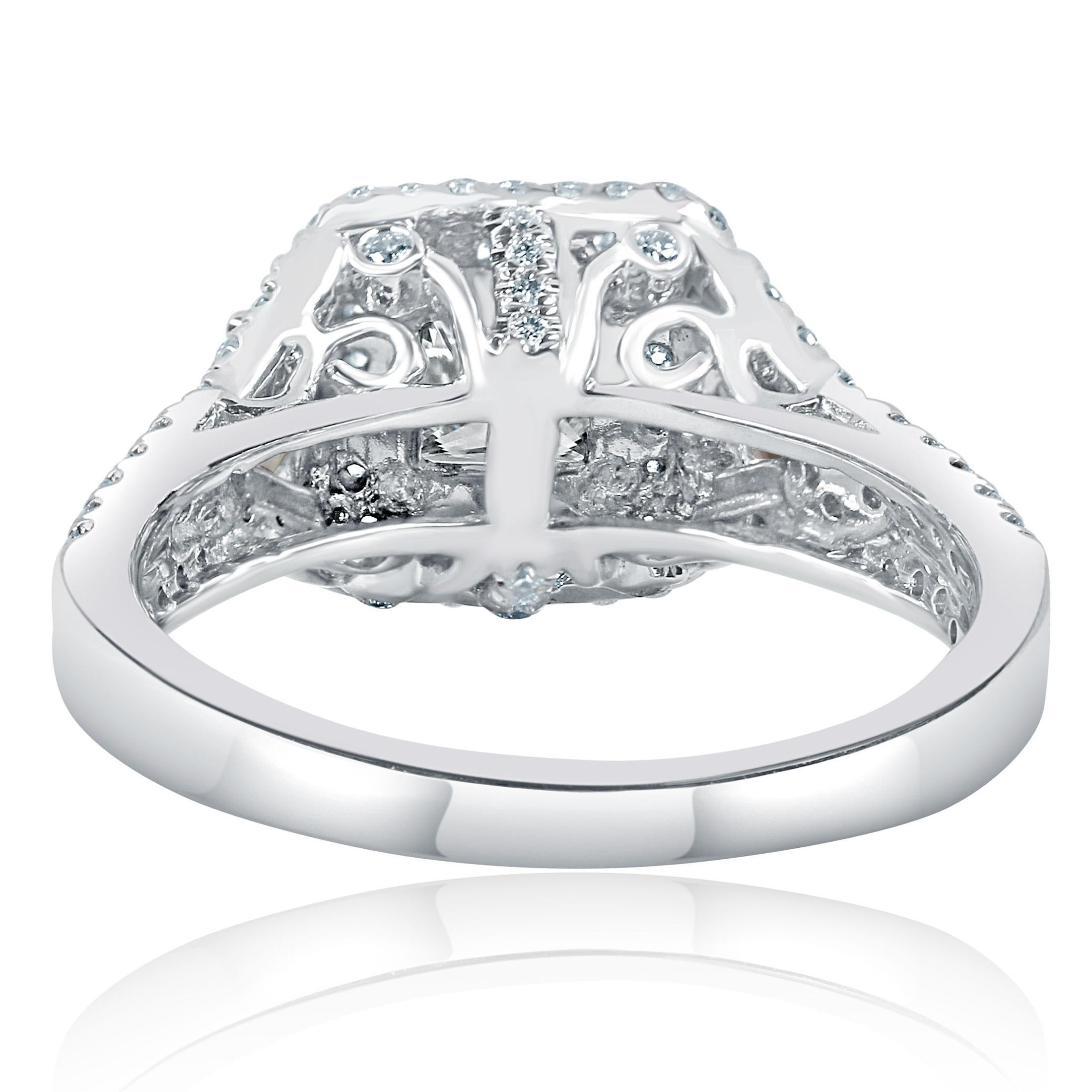 Modern GIA Certified 1.39 Ctw Princess Cut Diamond Halo Engagement Ring 18K White Gold For Sale