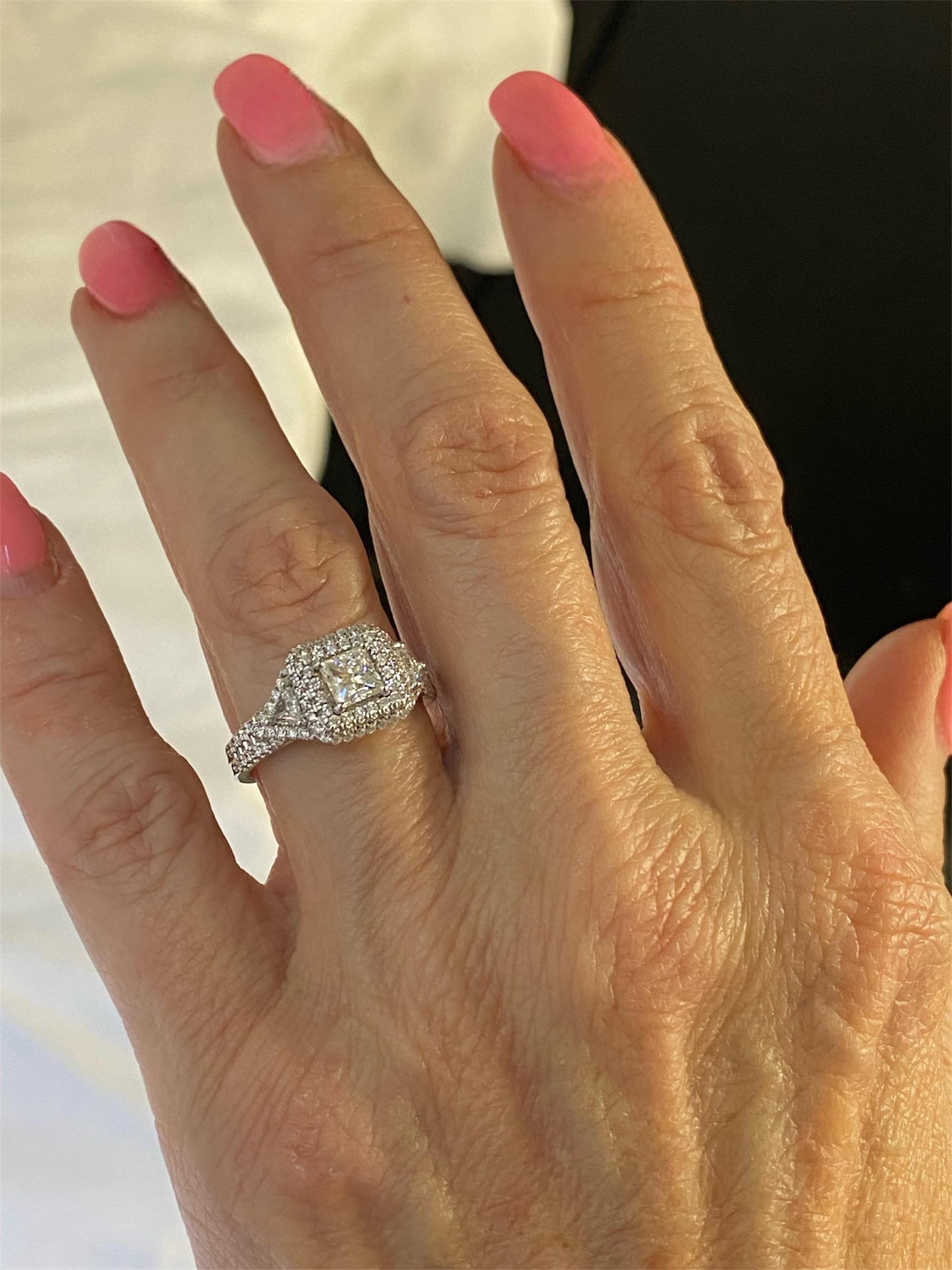 Women's or Men's GIA Certified 1.39 Ctw Princess Cut Diamond Halo Engagement Ring 18K White Gold For Sale