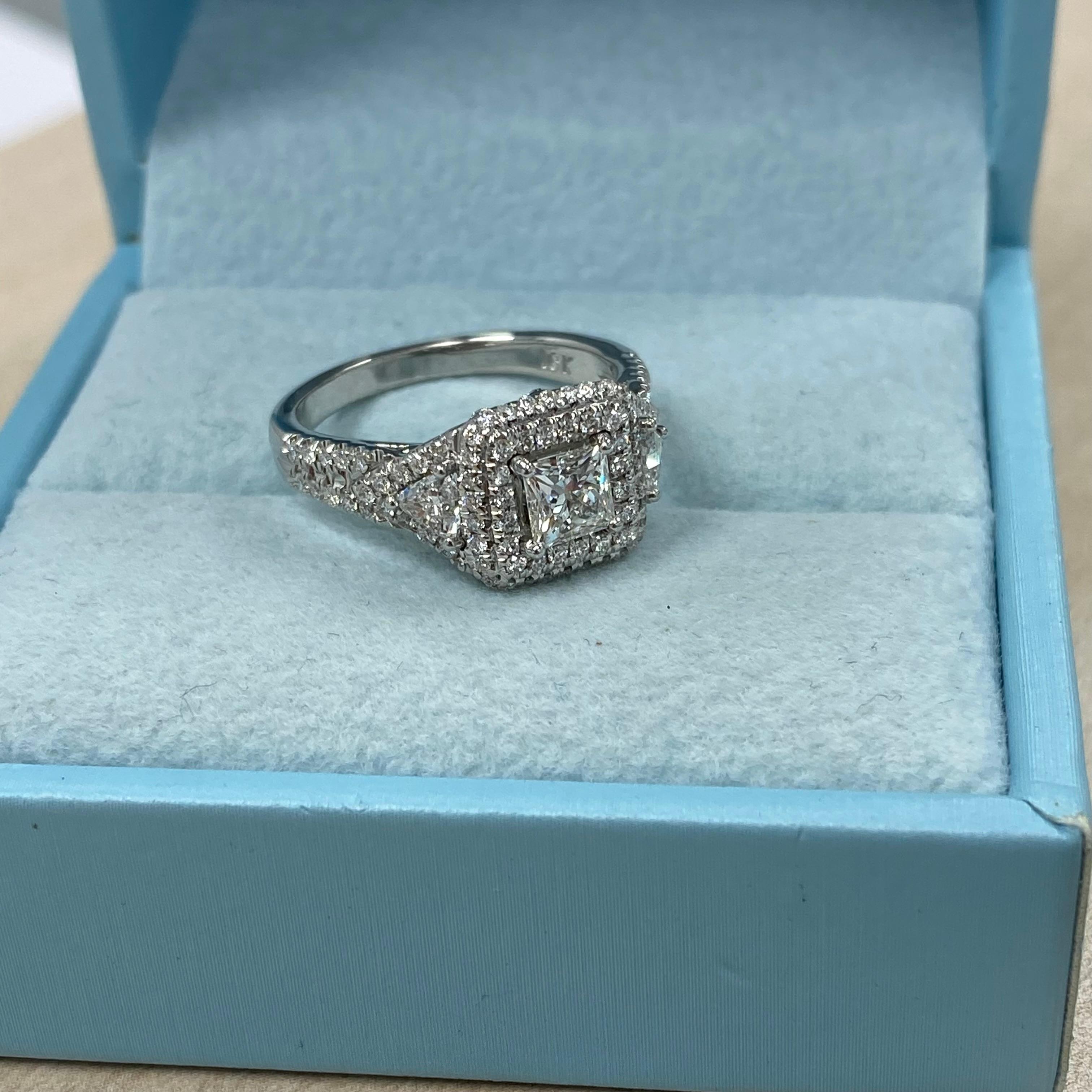 GIA Certified 1.39 Ctw Princess Cut Diamond Halo Engagement Ring 18K White Gold For Sale 2