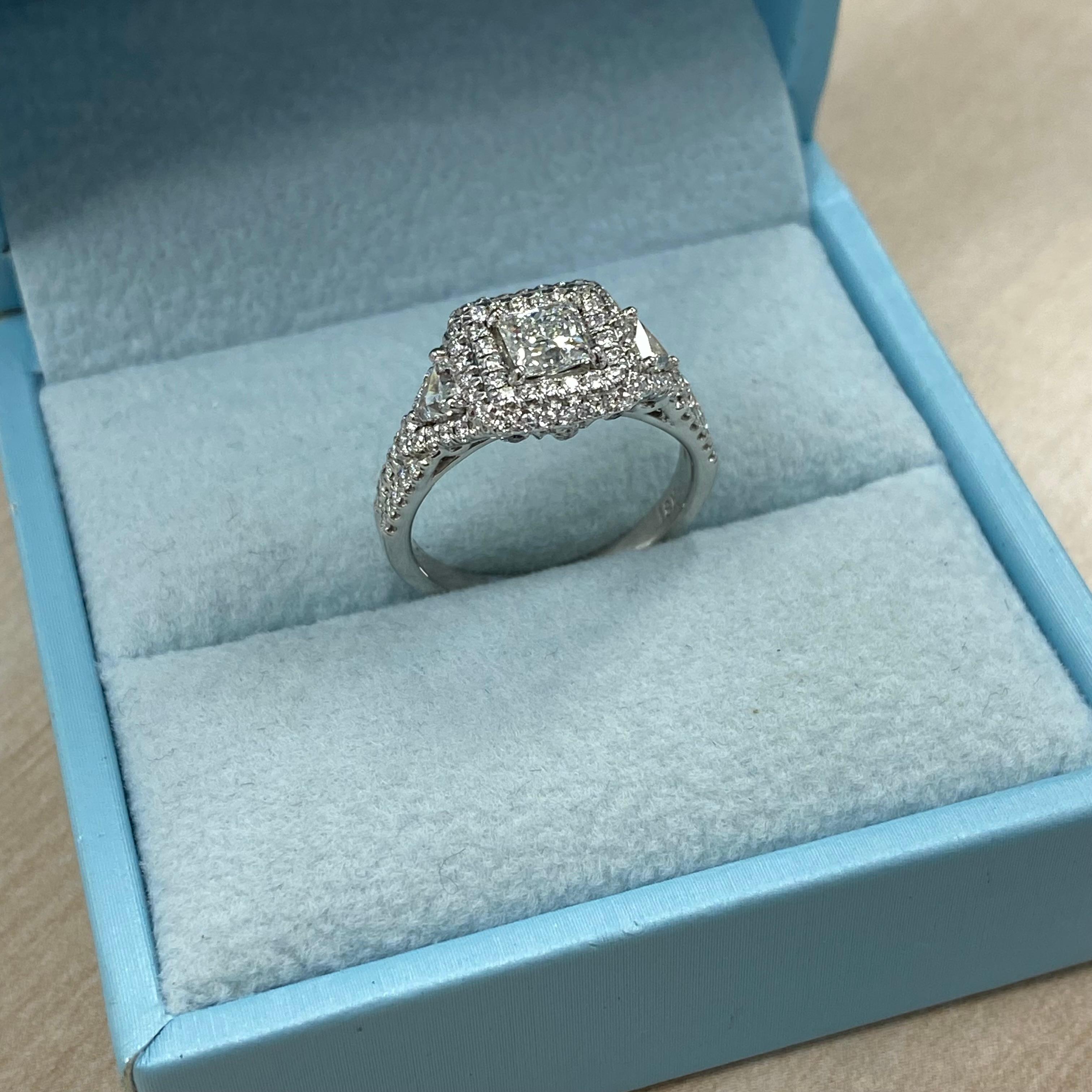 GIA Certified 1.39 Ctw Princess Cut Diamond Halo Engagement Ring 18K White Gold For Sale 3