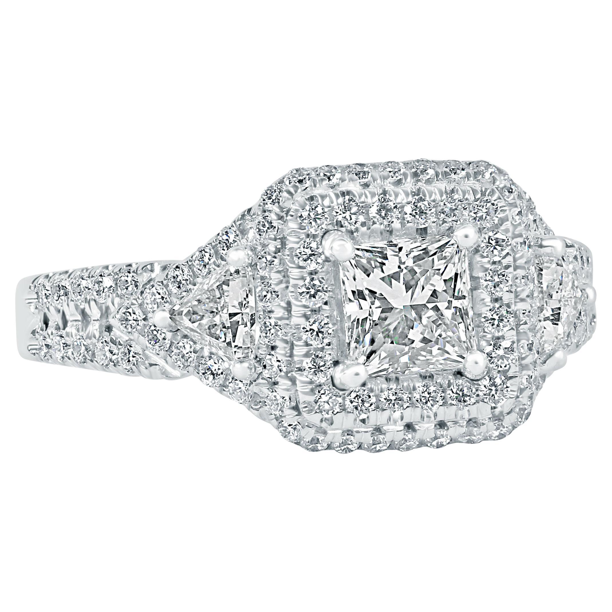GIA Certified 1.39 Ctw Princess Cut Diamond Halo Engagement Ring 18K White Gold