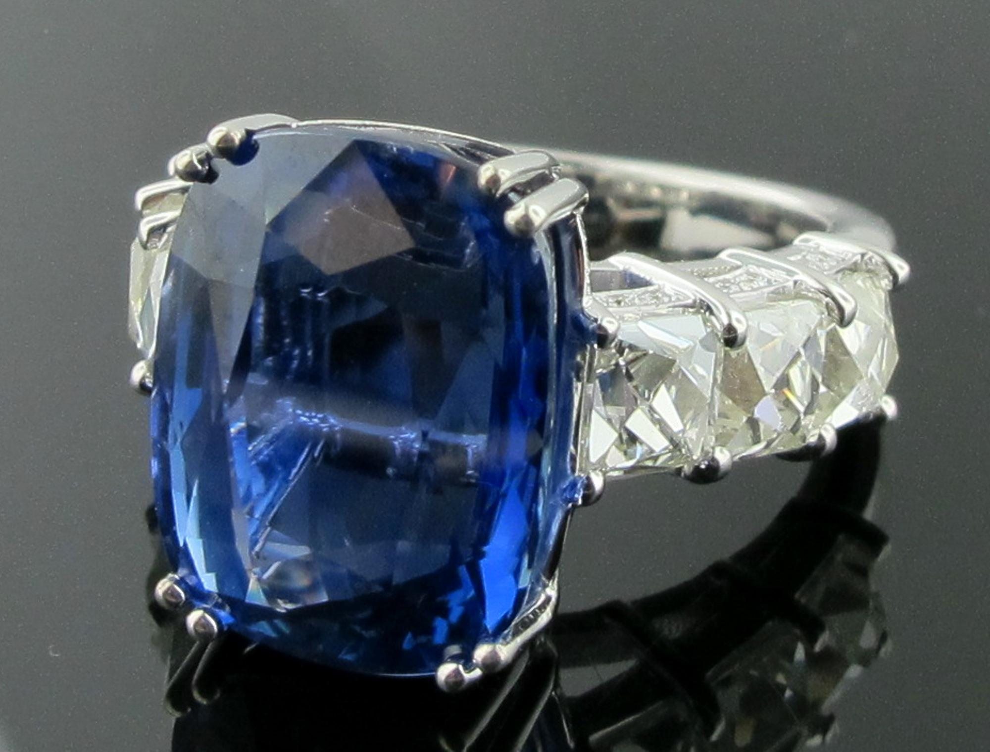 Cushion Cut GIA Certified 13.97 Carat Burma No-Heat Blue Sapphire Diamond Ring in Platinum