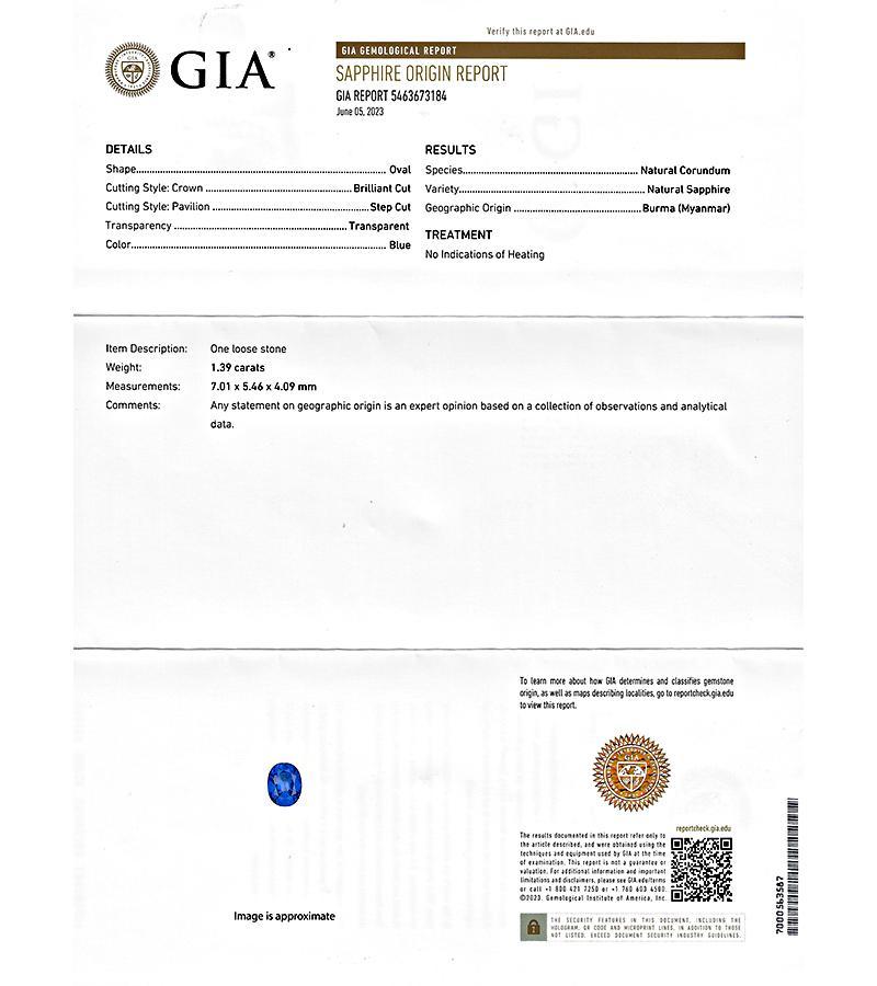 GIA Certified 1.39ct No Heat Burma Sapphire 1.00ct Diamond Engagement Ring In Good Condition For Sale In New York, NY