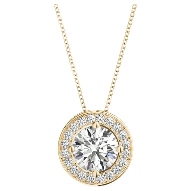 GIA Certified 1.3ct Round Diamond Bezel Halo Pendant Necklace in Yellow Gold