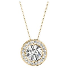 GIA Certified 1.3ct Round Diamond Bezel Halo Pendant Necklace in Yellow Gold