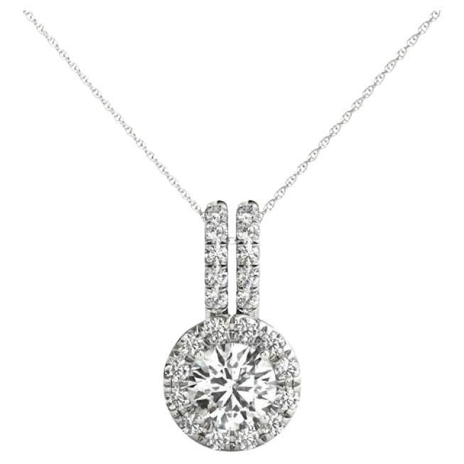 GIA Certified 1.3ct Round Diamond Double Bail Halo Gold Pendant Necklace