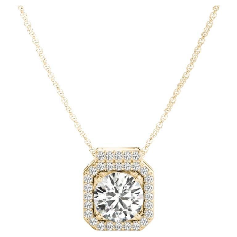 GIA Certified 1.3ct Round Diamond Octagon Halo Yellow Gold Pendant Necklace