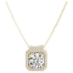 GIA Certified 1.3ct Round Diamond Octagon Halo Yellow Gold Pendant Necklace