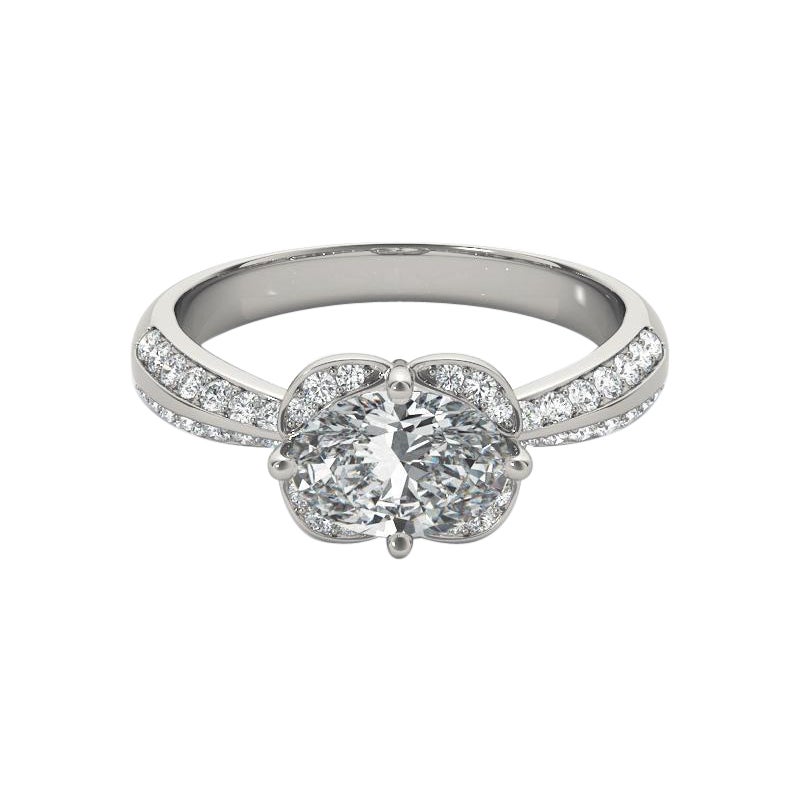 Bague à diamants certifiée GIA de 1.4 carat avec halo ovale est-ouest et double pavage
