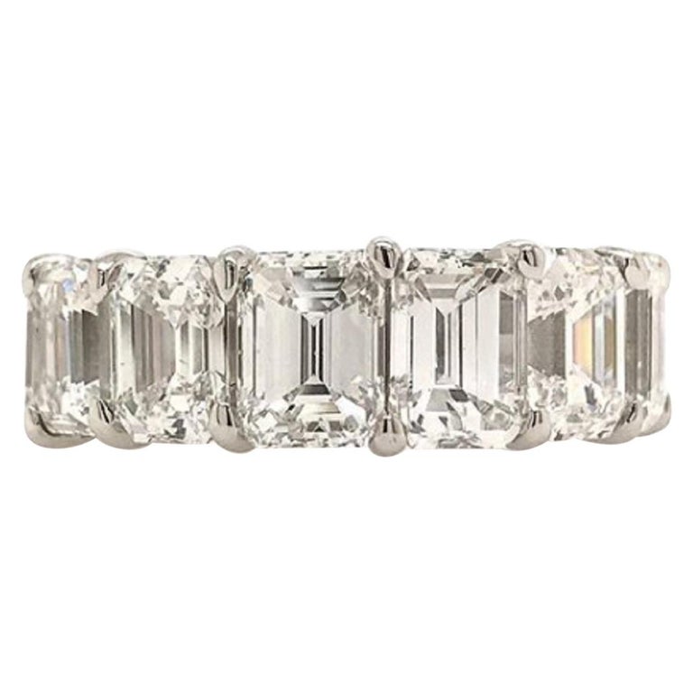 GIA Certified 14 Carat Emerald Cut Diamond Eternity Band Ring Set in Platinum For Sale