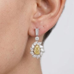 GIA Certified 1.4 Carat Fancy Yellow Pear Diamond Cluster Dangle Earrings
