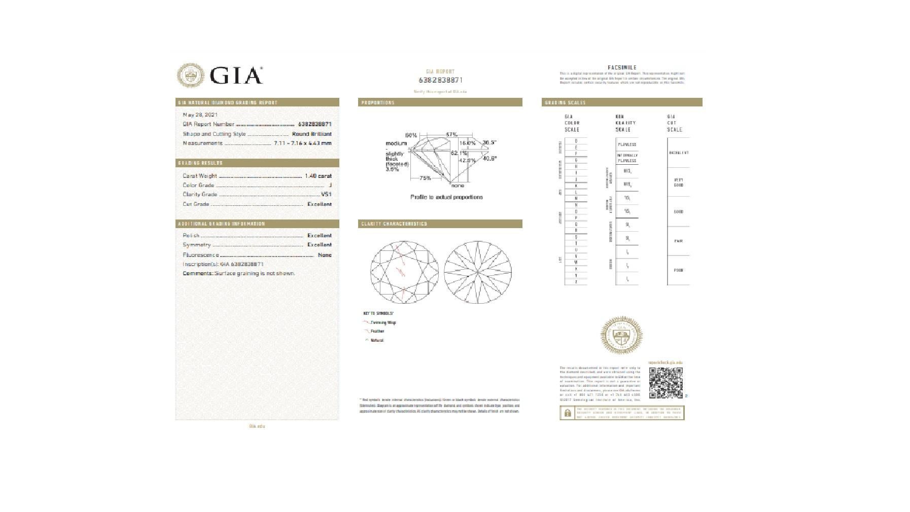GIA zertifiziert 1,4 Karat J VS1 natürlicher Diamant Solitär Verlobungsring (Rundschliff)