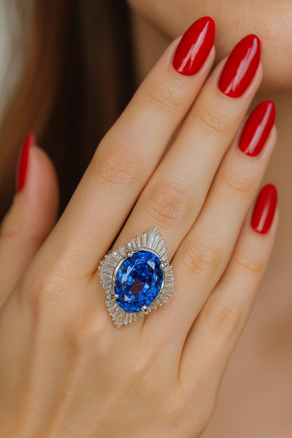 Zafiro azul y diamante en platino de 14 quilates sin tratamiento térmico certificado por GIA Vintage Corte oval en venta