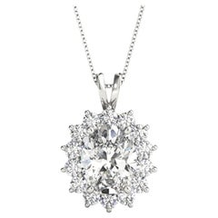 GIA Certified 1.4 Carat Oval Diamond Sunburst Halo Gold Pendant Necklace