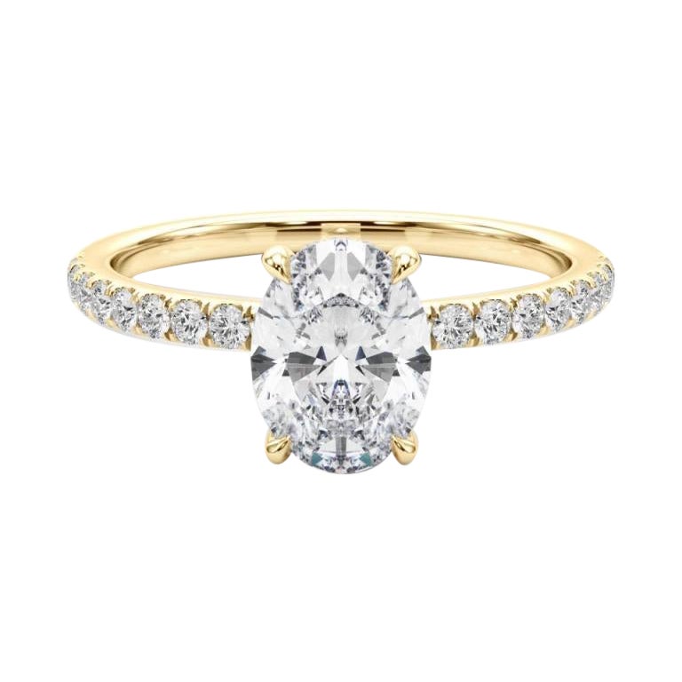 Bague en or jaune 18 carats certifiée GIA avec diamant ovale de 1,4 carat et halo caché en pavé