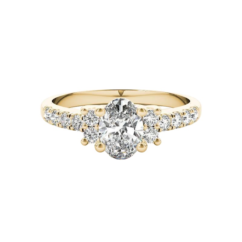 GIA Certified 1.4 Carat Oval Three-Stone Pave 18K Yellow Gold Diamond Ring