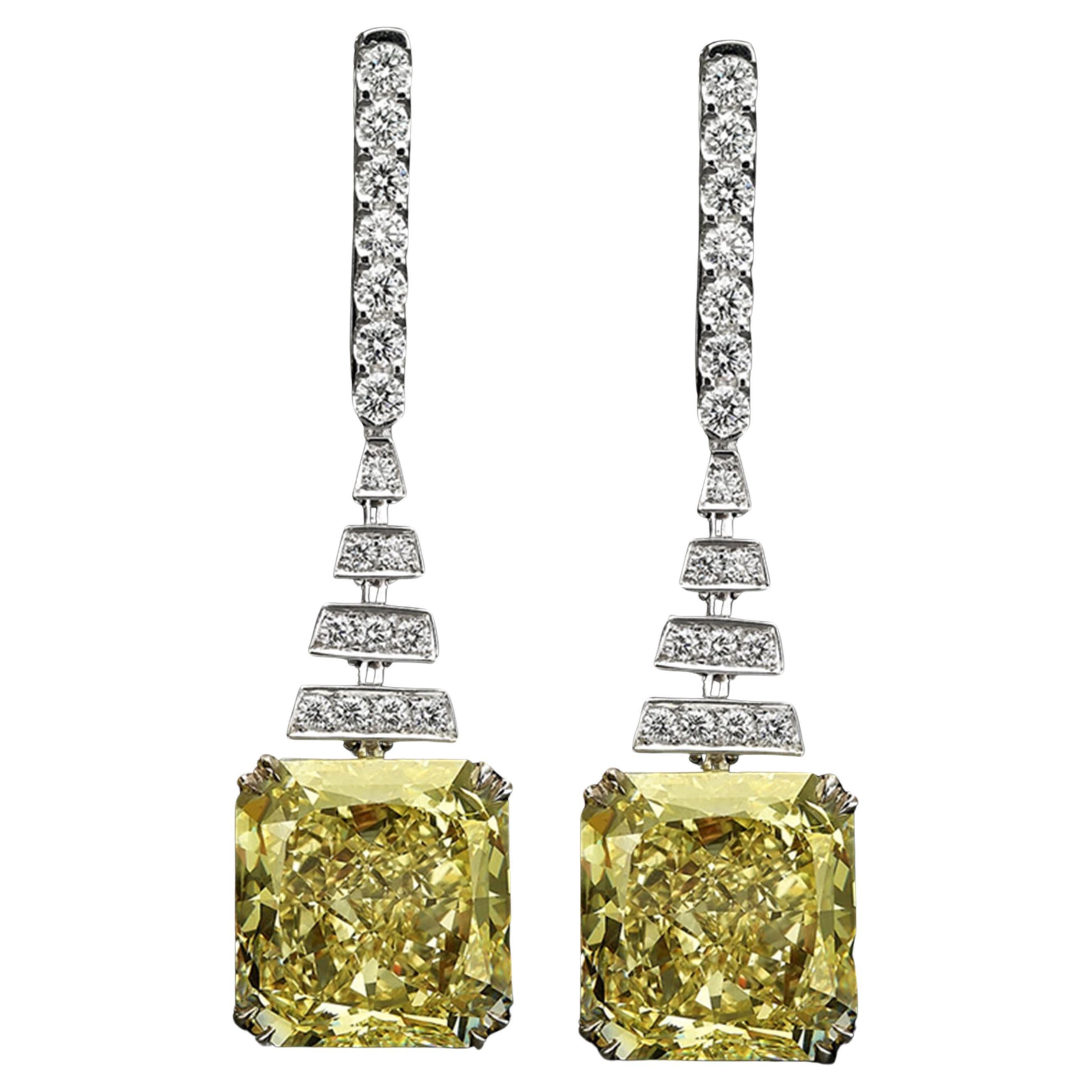 Modern GIA Certified 14 Carat Radiant Fancy Yellow Earrings For Sale