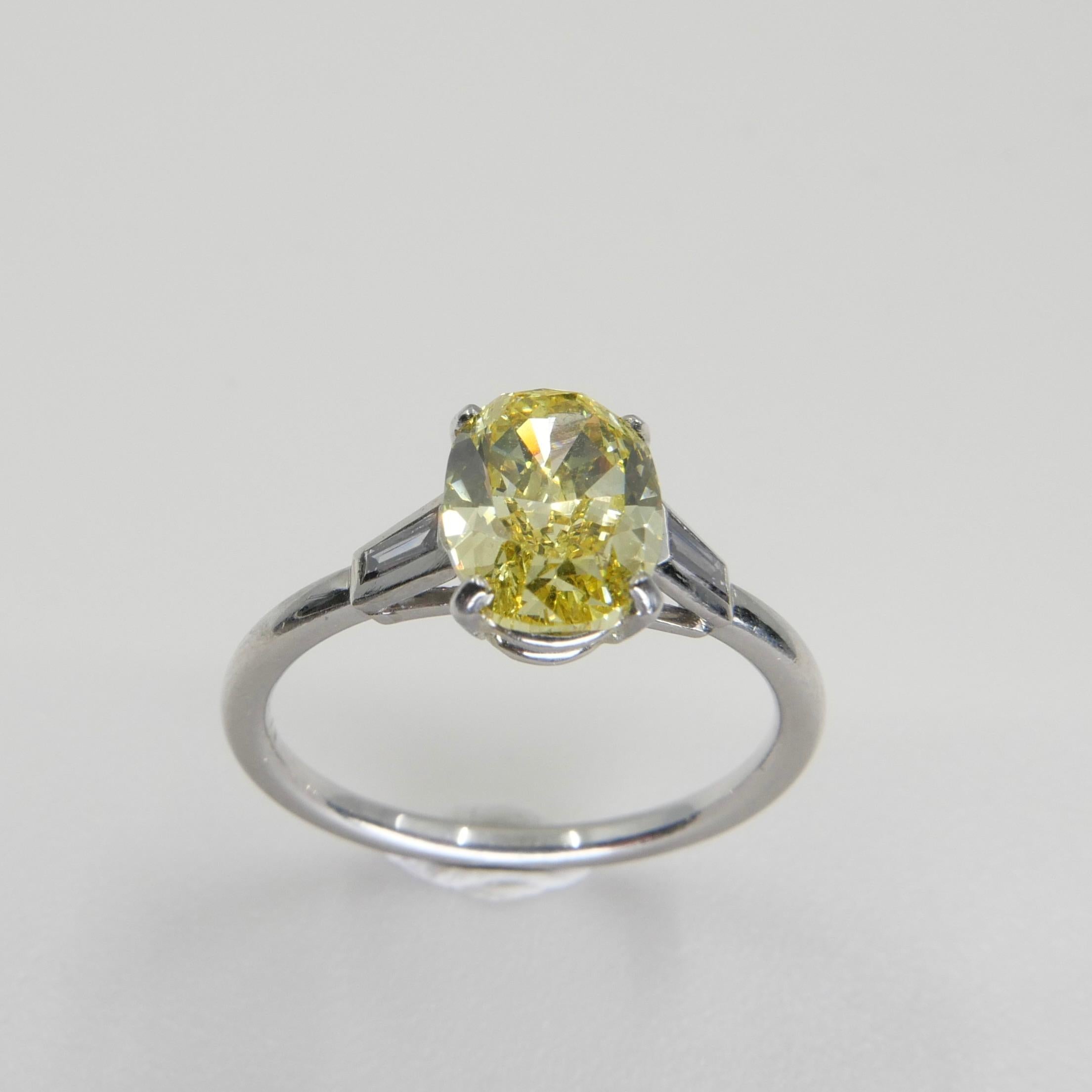 Women's GIA Certified 1.4 Cts Fancy Vivid Yellow Oval Diamond Ring. Strong Color.