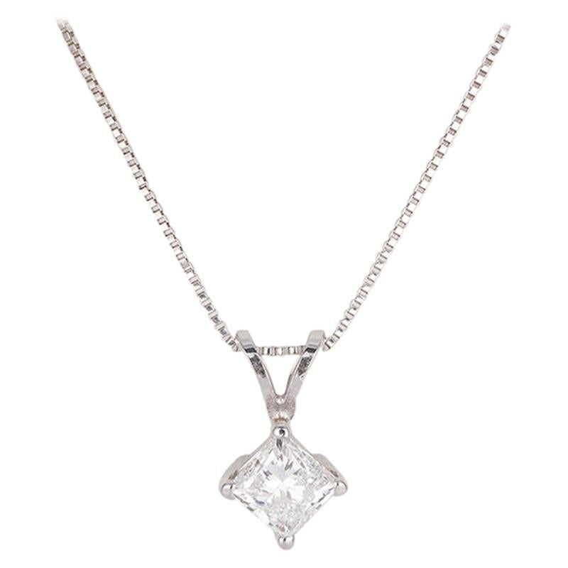 GIA Certified 14 Karat E/VVS2 White Gold and Princess Diamond Pendant Necklace