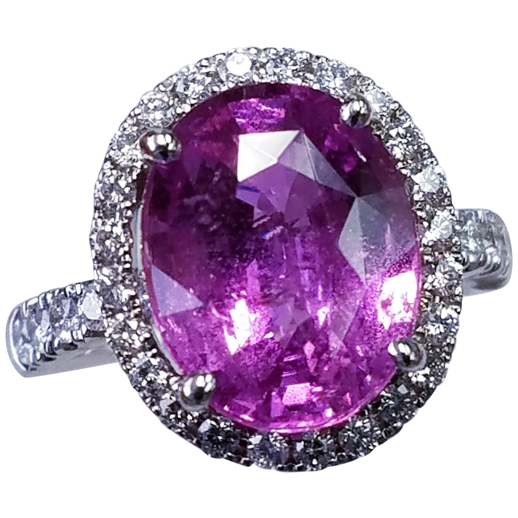 GIA Certified 14 Karat White Gold Oval Cut Pink Sapphire and Diamond Ring