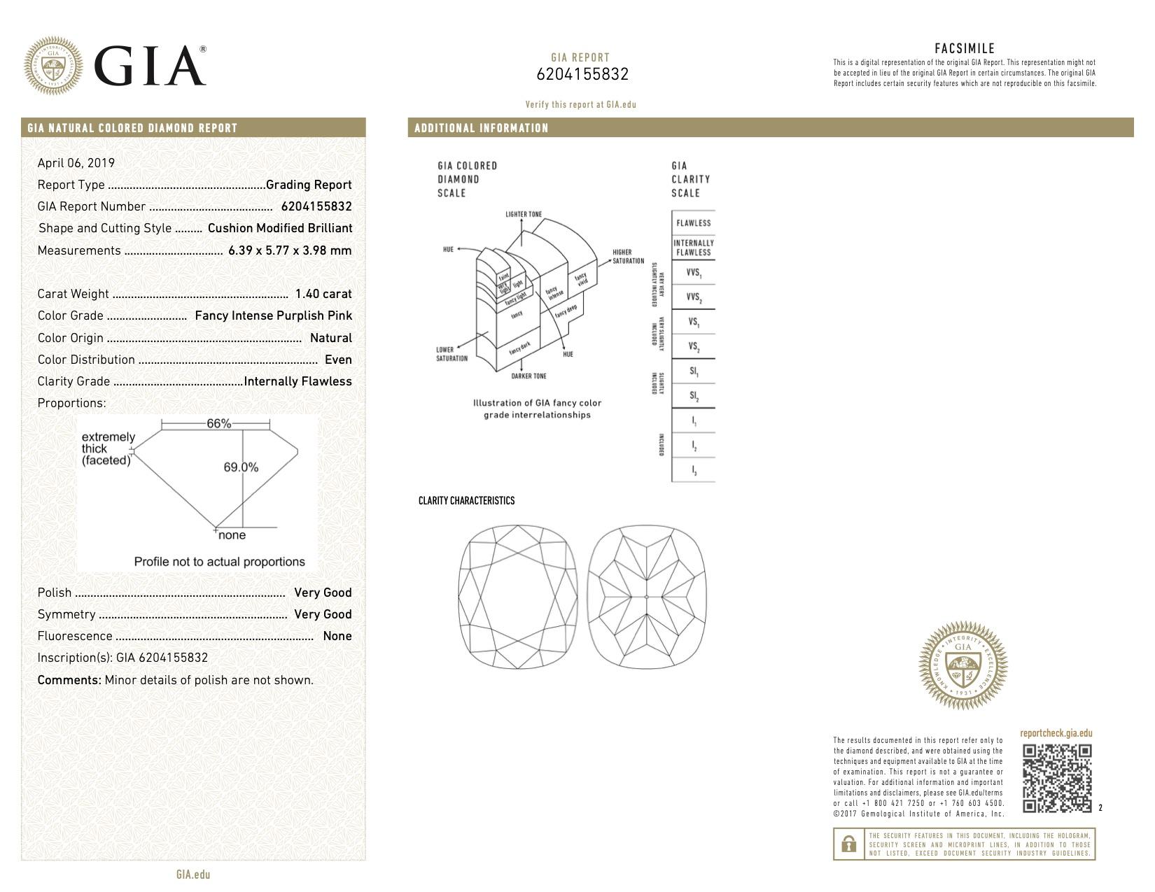 GIA Certified 1.40 Carat Cushion Cut Fancy Intense Purplish Pink Diamond Ring 2