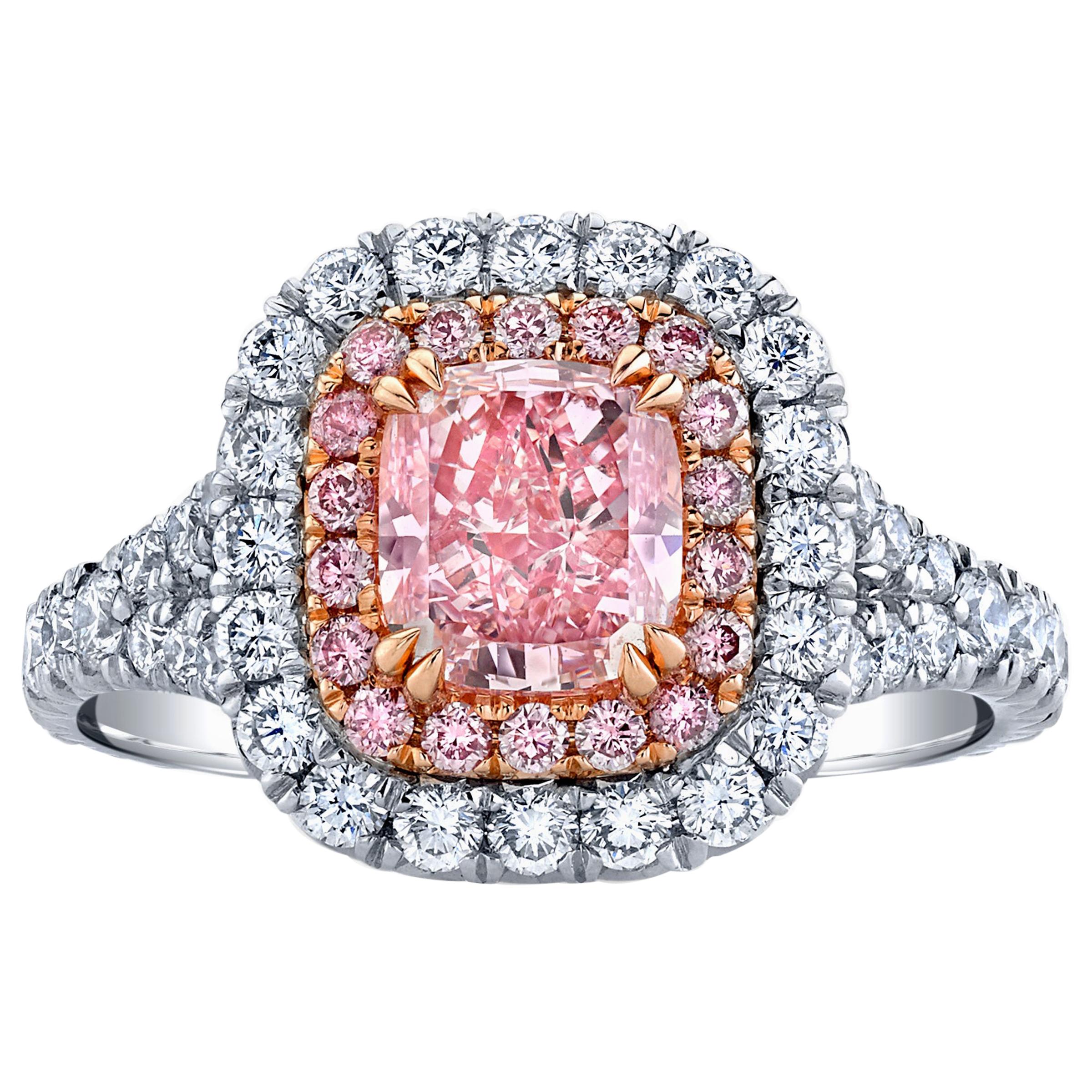 GIA Certified 1.40 Carat Cushion Cut Fancy Intense Purplish Pink Diamond Ring