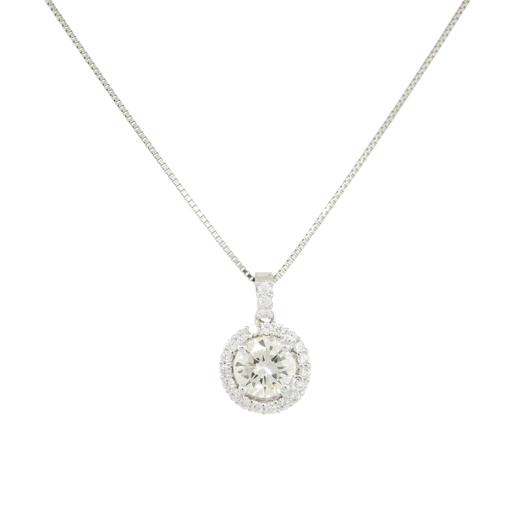 Round Cut GIA Certified 1.40 Carat Diamond Halo Necklace 18 Karat In Stock For Sale