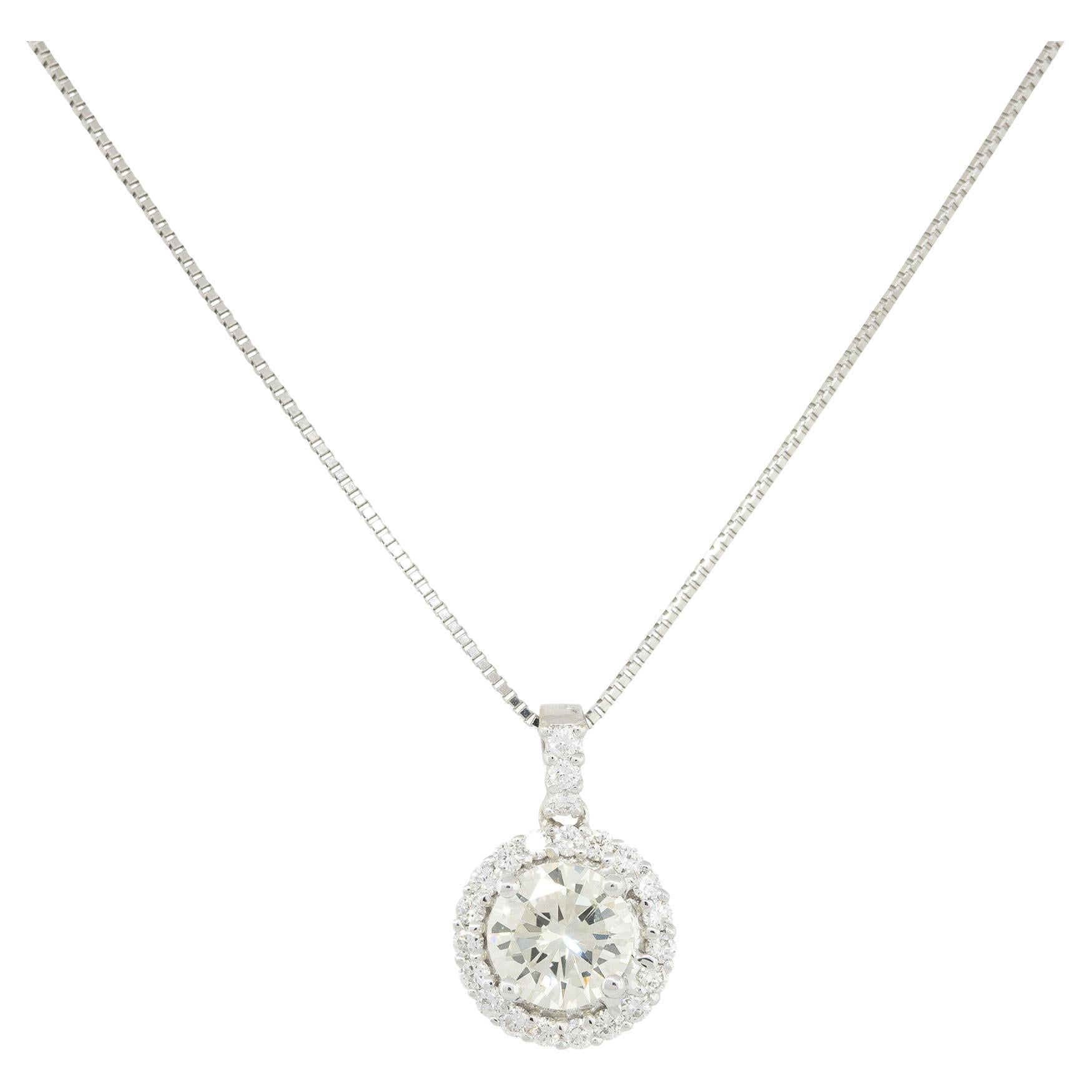 GIA Certified 1.40 Carat Diamond Halo Necklace 18 Karat In Stock For Sale