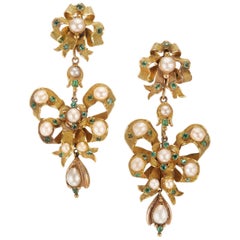 Antique GIA Certified 1.40 Carat Emerald Pearl Yellow Gold Dangle Chandelier Earrings