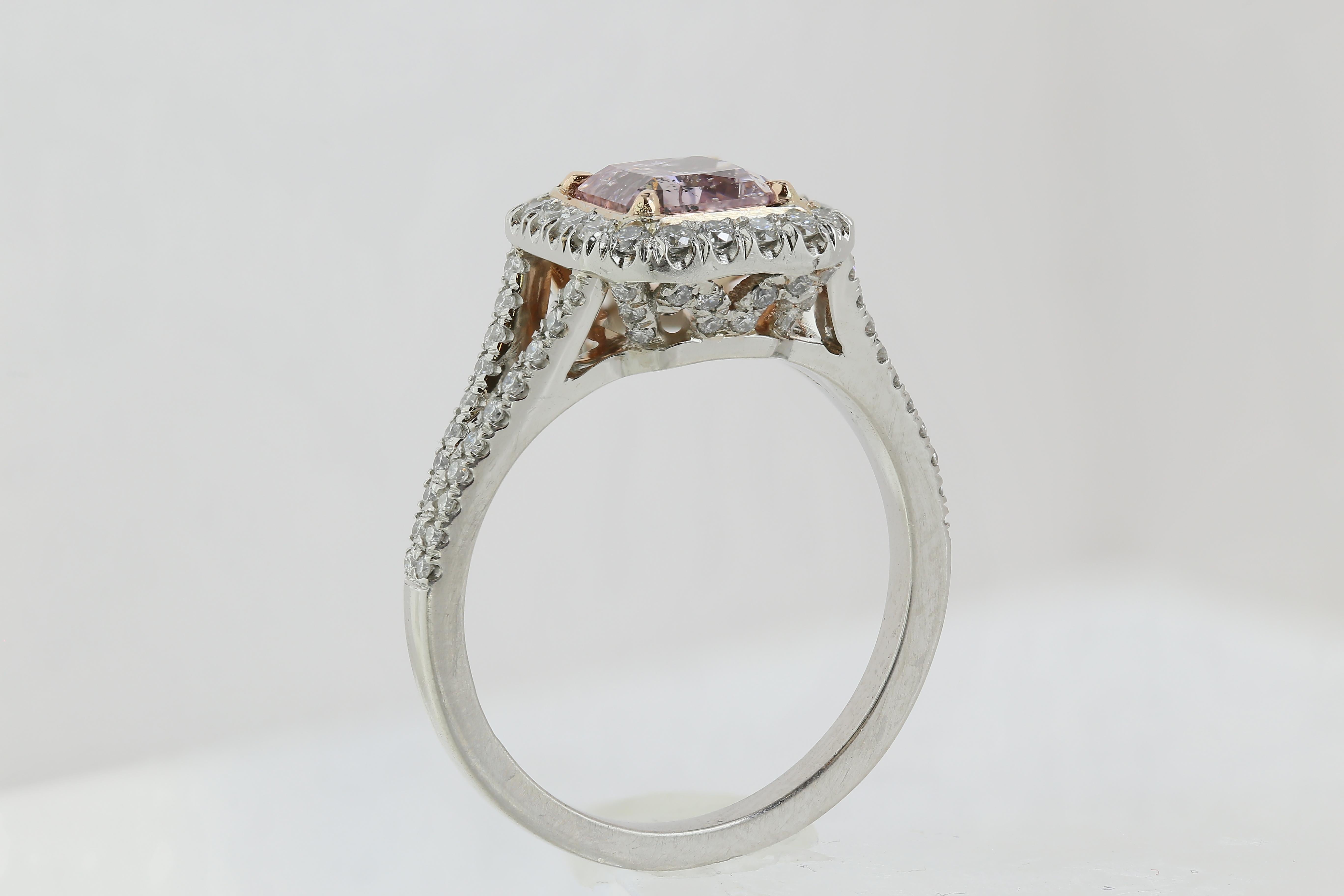 Contemporary GIA Certified 1.40 Carat Fancy Purple-Pink Radiant Diamond with Halo Setting For Sale