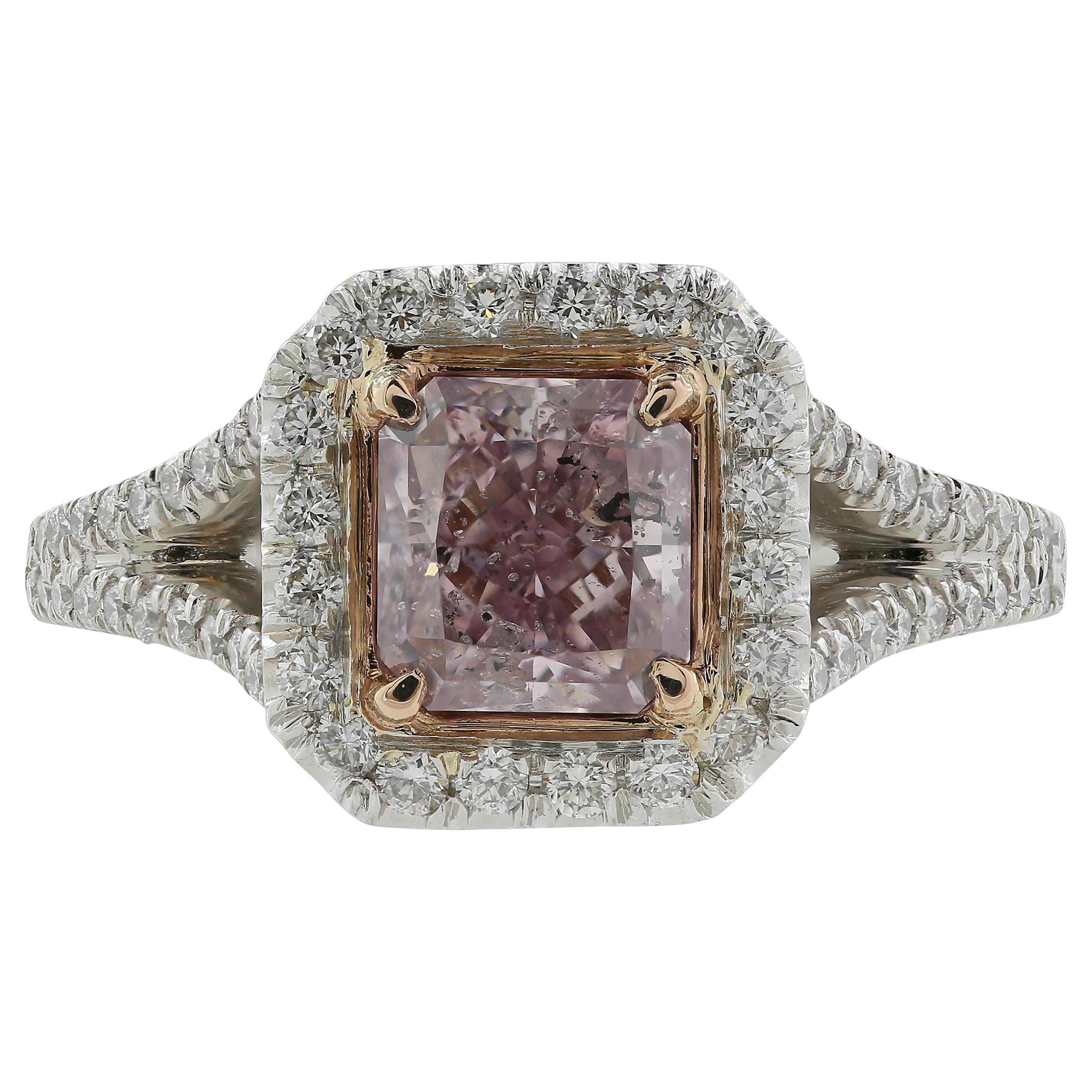 GIA Certified 1.40 Carat Fancy Purple-Pink Radiant Diamond with Halo Setting For Sale