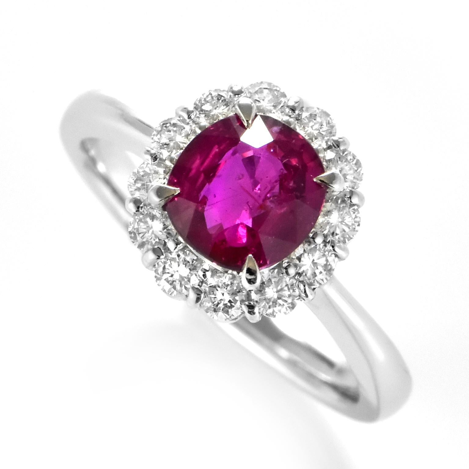 A beautiful Ring made in Platinum featuring a GIA Certified 1.40 Carat Natural No Heat Ruby and 0.41 Carat Diamonds. Rubies are referred to as 
