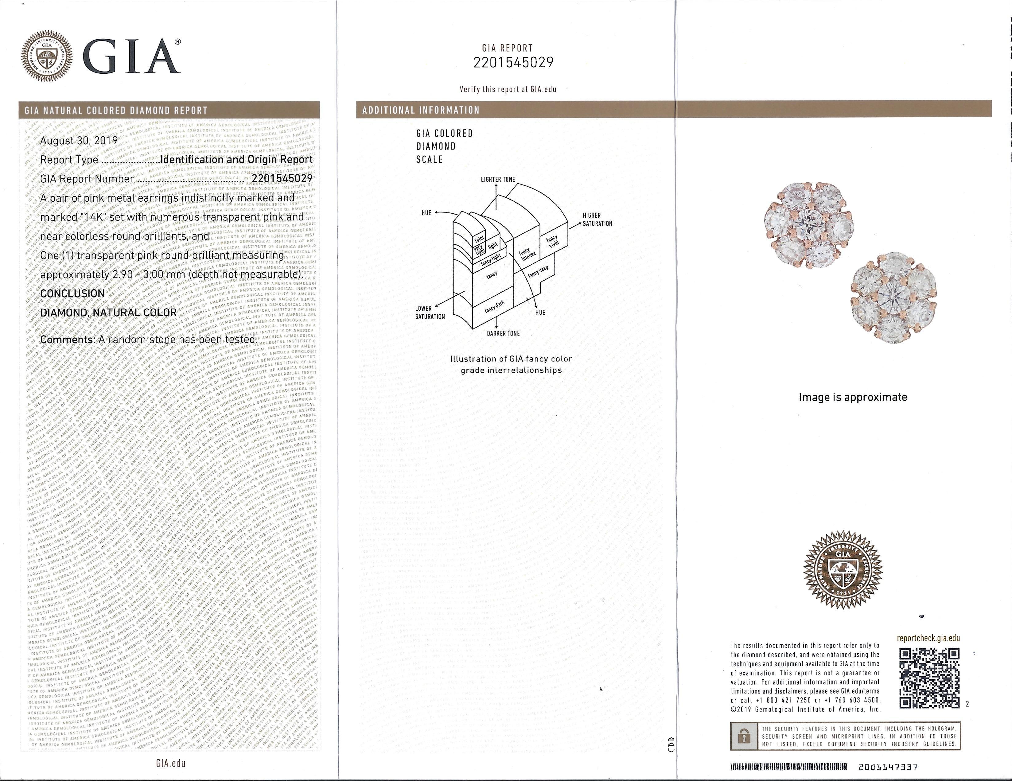 Orecchini con perno in oro con diamante rosa da 1,40 carati certificati GIA in vendita 3