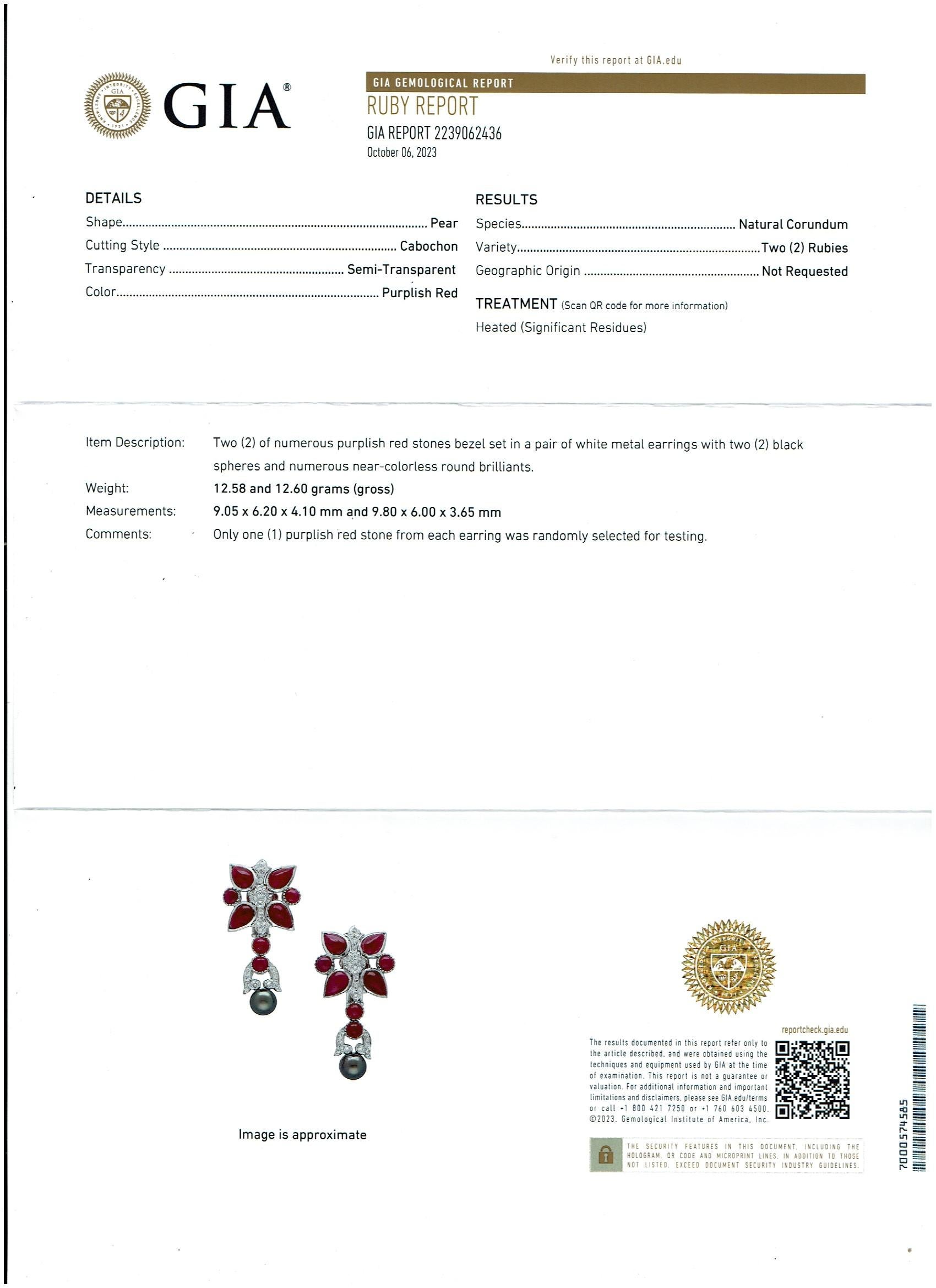 GIA Certified 140 Ct Burma Ruby, Tahitian Pearl & Diamond Necklace Suite 18KWG en vente 13