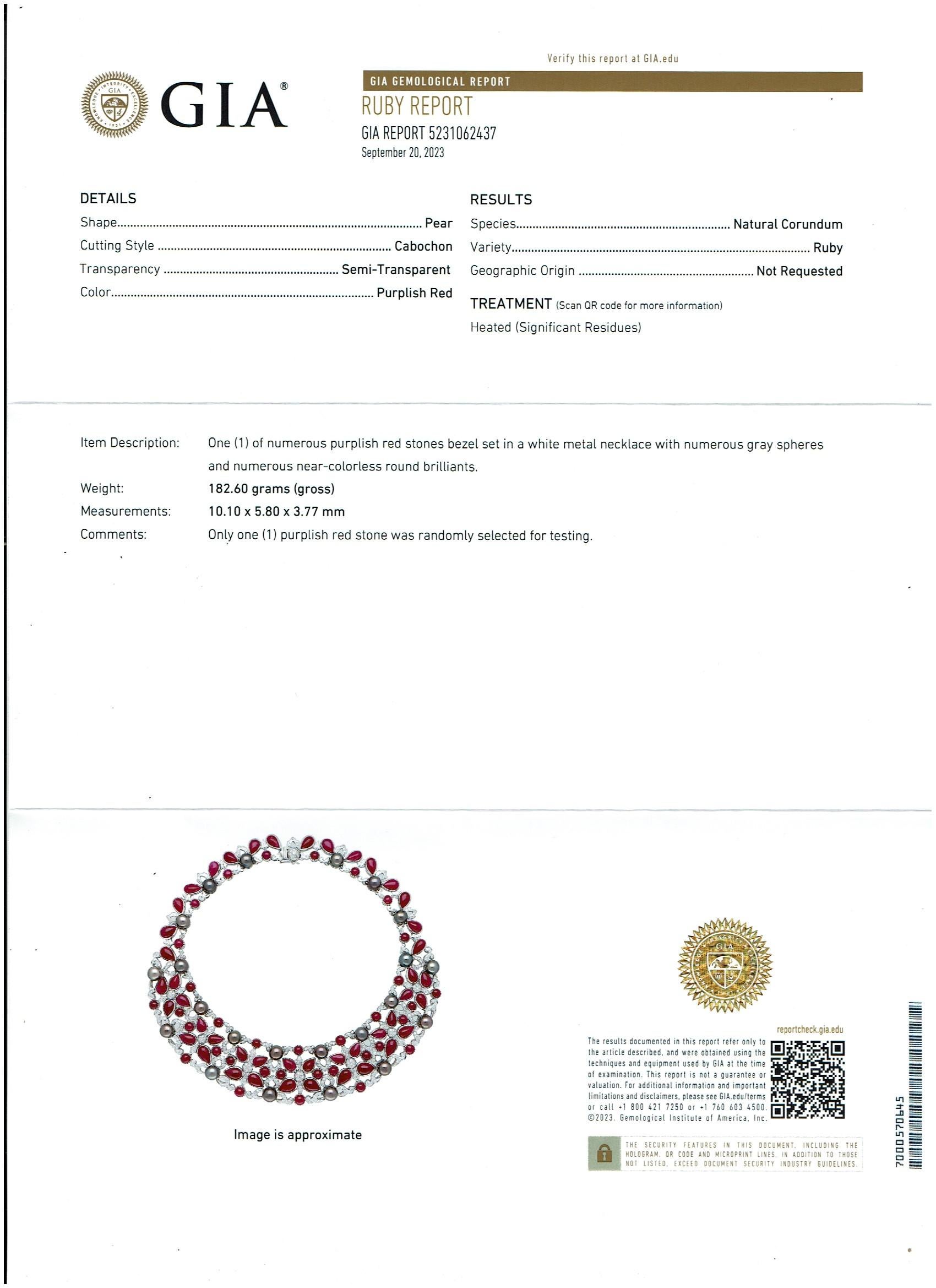 GIA Certified 140 Ct Burma Ruby, Tahitian Pearl & Diamond Necklace Suite 18KWG en vente 14