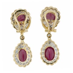 GIA Certified 14.00 Carat Ruby Halo Diamond Yellow Gold Dangle Earrings