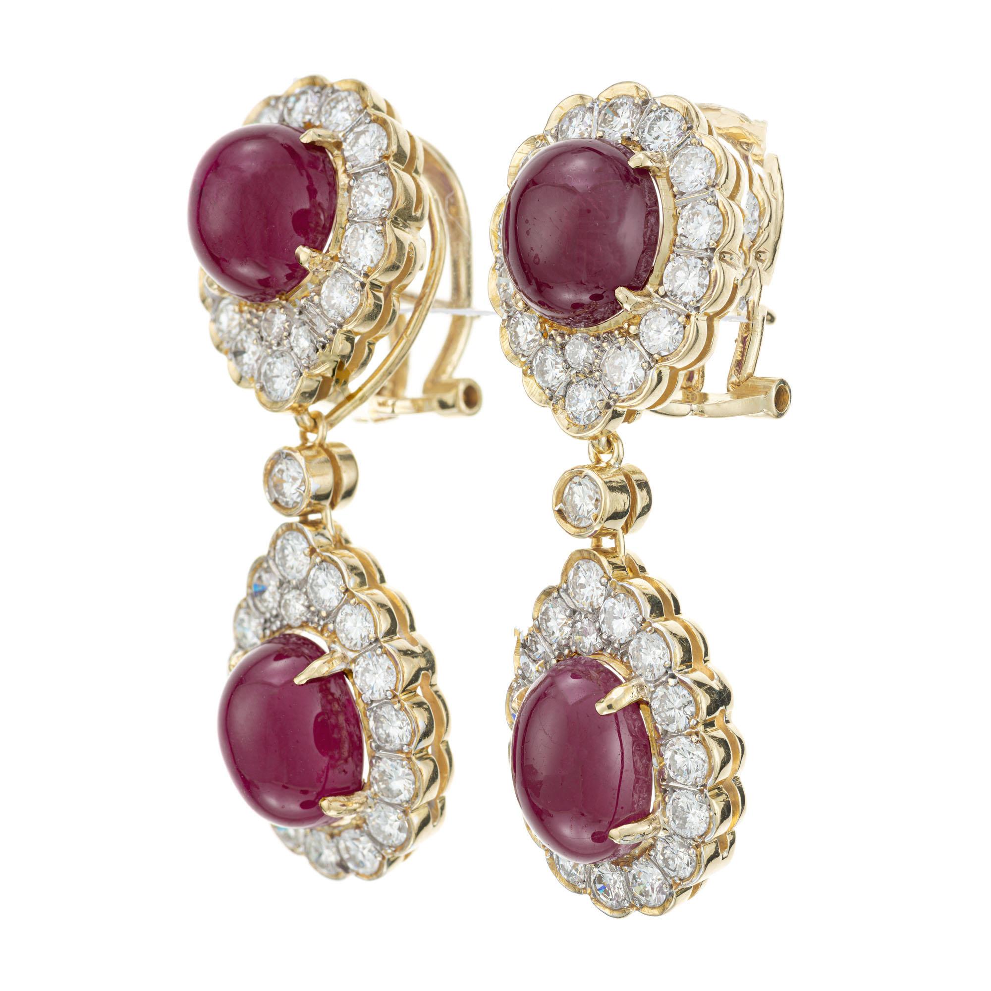 Cabochon GIA Certified 14.00 Carat Ruby Halo Diamond Yellow Gold Dangle Earrings For Sale